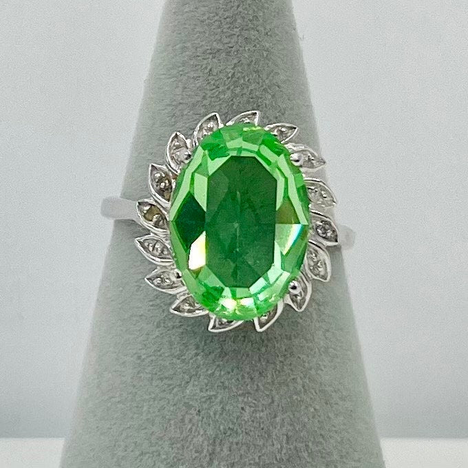 Sterling Silver Uranium Glass Oval Cut Crystal Dress Ring with a Sparkling Halo UV Reactive Glow UV Jewellery Size uk N or us 7 TheGreenGlassGemShop