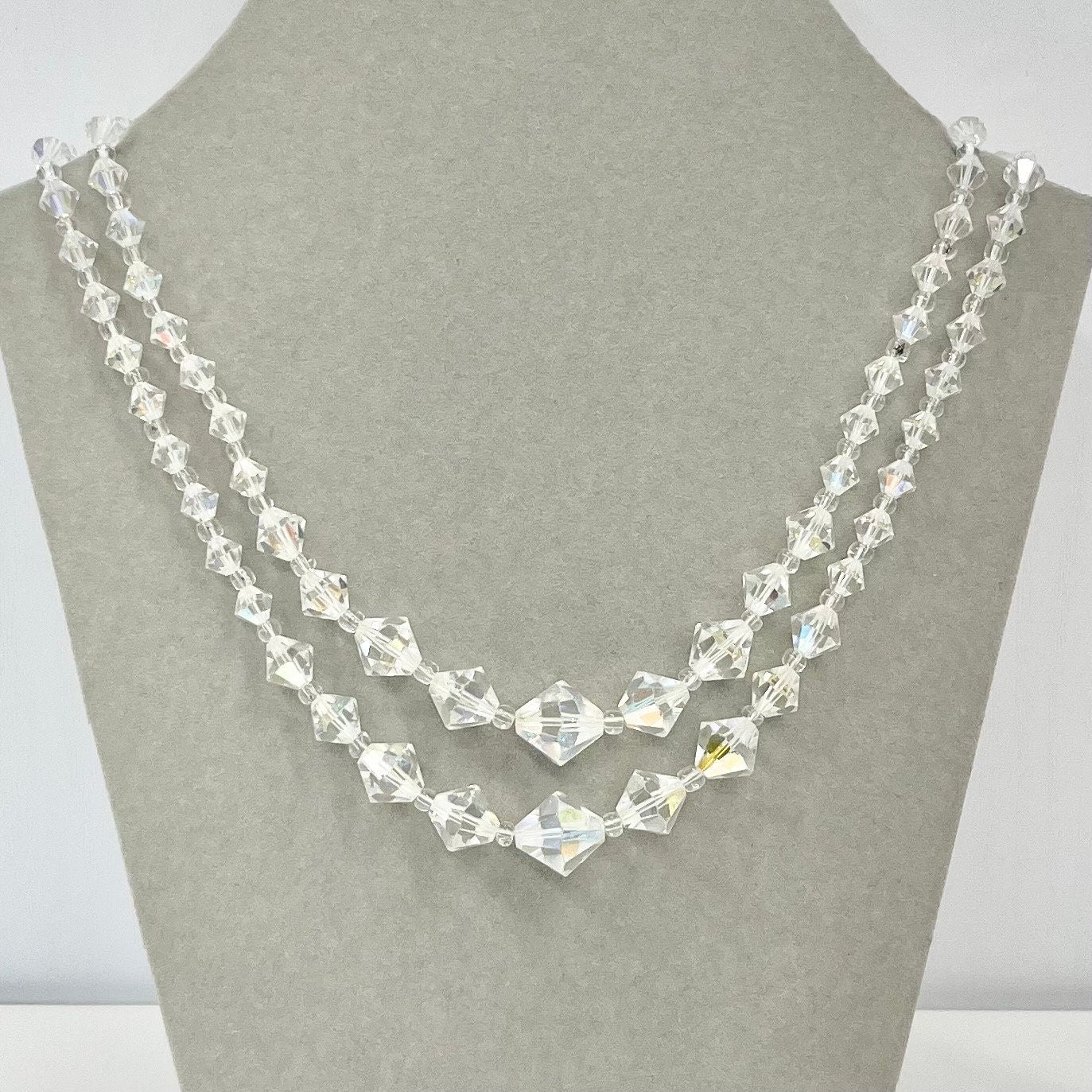 Vintage 1950’s - 1960’s Aurora Borealis Austrian Crystal Bicone Bead Necklace 2 Strand Sparkling Bridal Necklace with a Paste Diamante Clasp TheGreenGlassGemShop