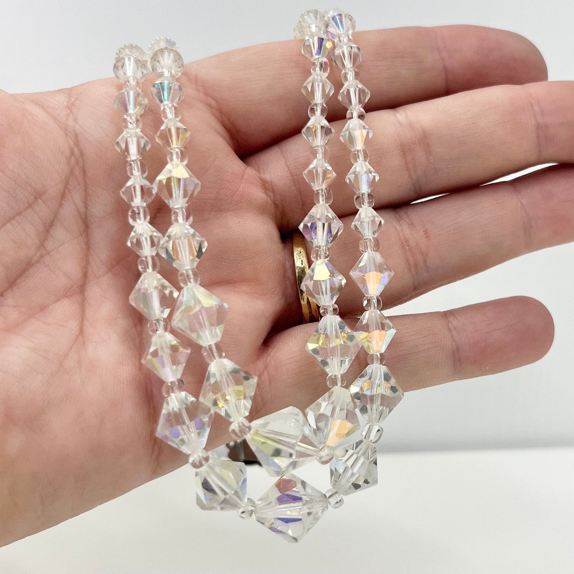 Vintage 1950’s - 1960’s Aurora Borealis Austrian Crystal Bicone Bead Necklace 2 Strand Sparkling Bridal Necklace with a Paste Diamante Clasp TheGreenGlassGemShop