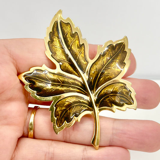 Vintage Largd Brown Enamelled Autumnal Leaf Brooch Gold Tone Statement Piece TheGreenGlassGemShop