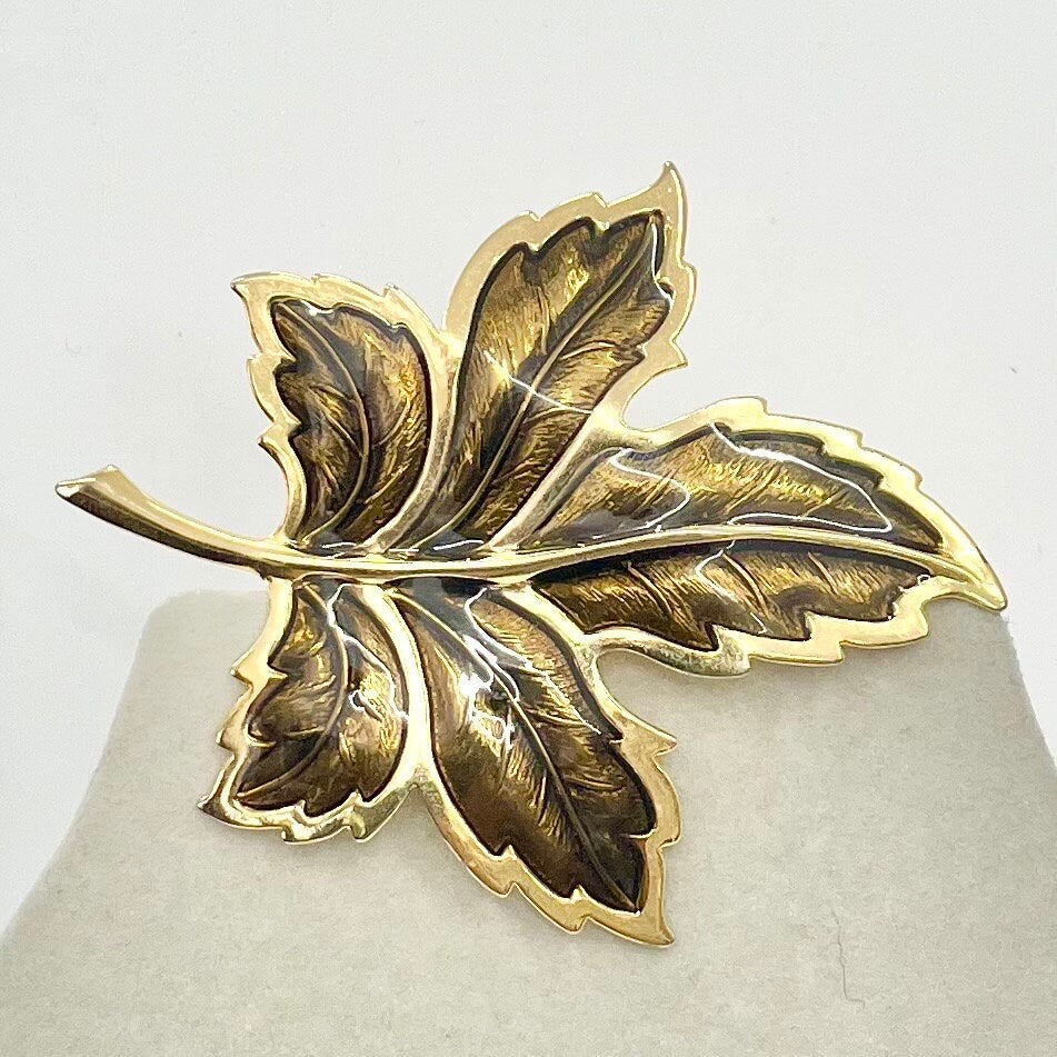 Vintage Largd Brown Enamelled Autumnal Leaf Brooch Gold Tone Statement Piece TheGreenGlassGemShop