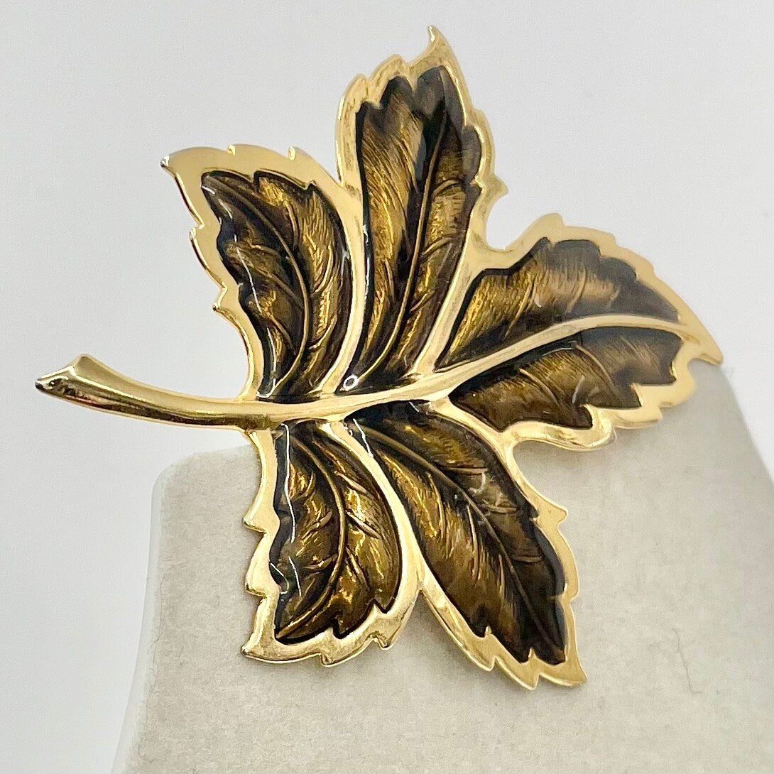 Vintage Largd Brown Enamelled Autumnal Leaf Brooch Gold Tone Statement Piece TheGreenGlassGemShop