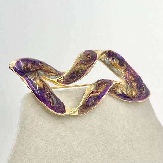 Vintage Purple & Gold Enamel Twisted Ribbon Style Brooch Gold Tone Statement Piece TheGreenGlassGemShop