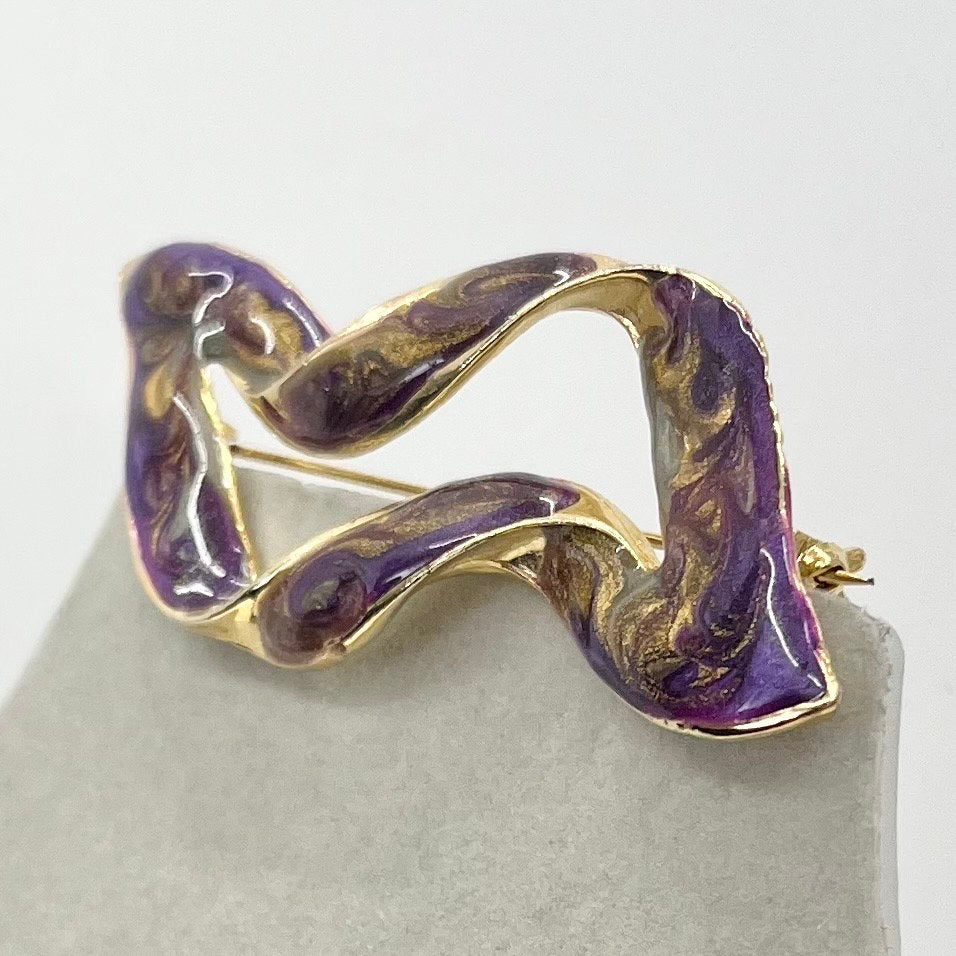 Vintage Purple & Gold Enamel Twisted Ribbon Style Brooch Gold Tone Statement Piece TheGreenGlassGemShop