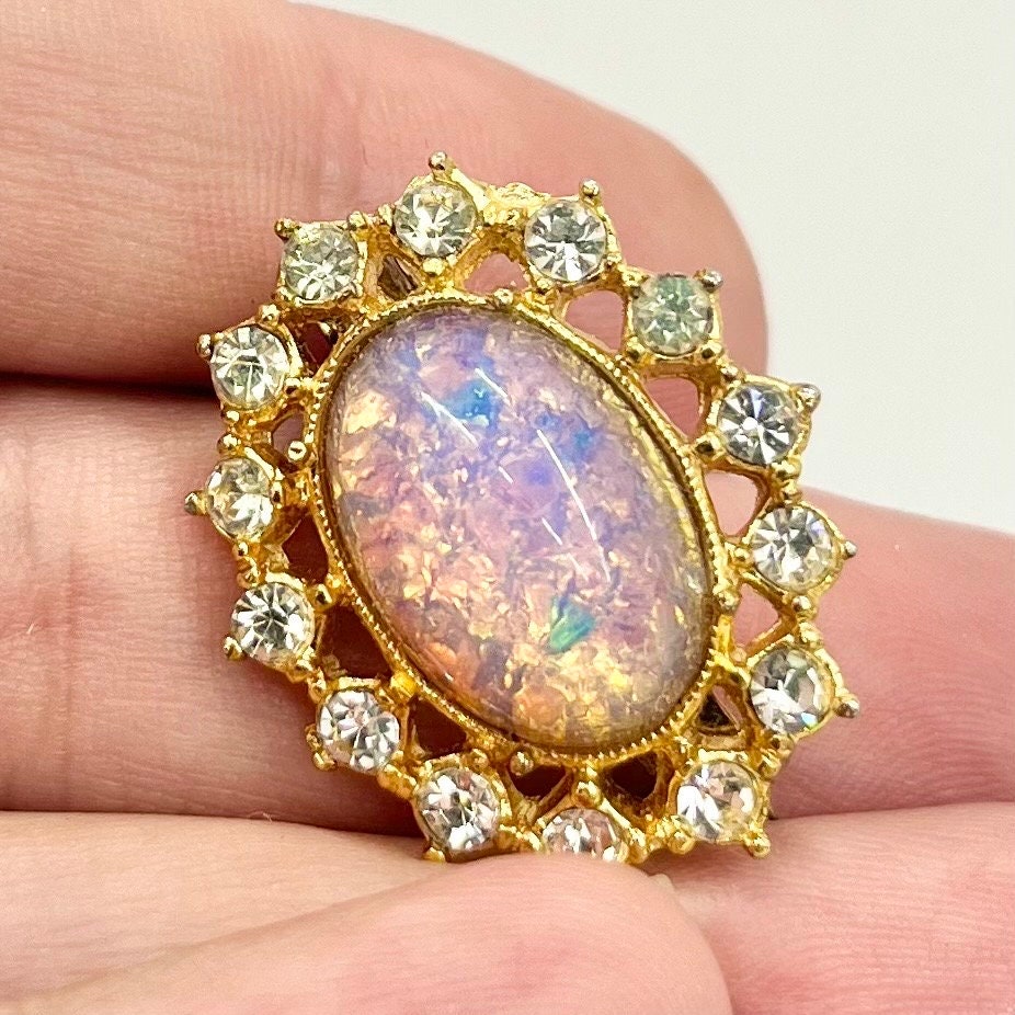 Vintage Gold Tone Pink Opal Dichroic Czech Glass Brooch & Clip On Earring Set with a Sparkling Crystal Surround TheGreenGlassGemShop