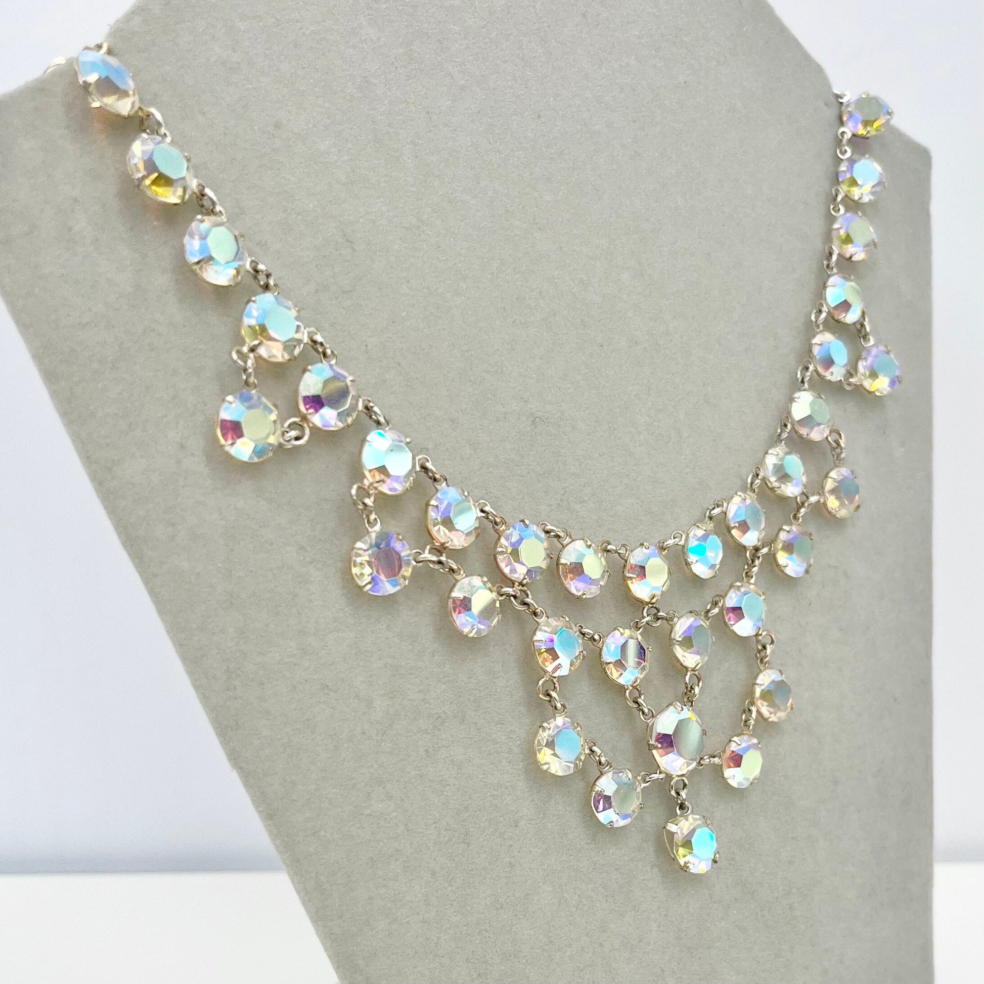 Vintage 1950’s - 1960’s Rivioli Aurora Borealis Crystal Necklace Triangular Drop Design Super Sparkling TheGreenGlassGemShop