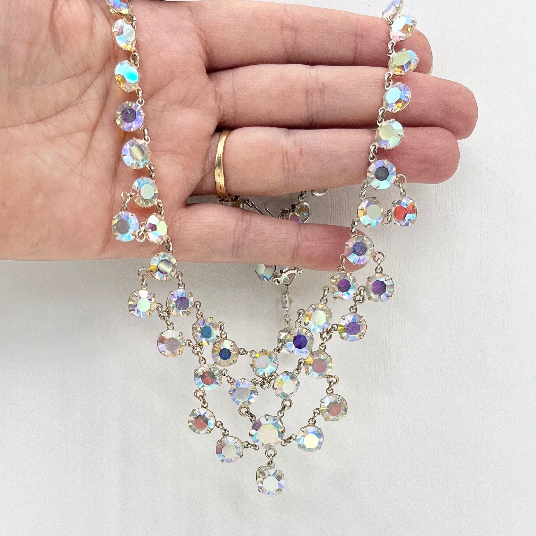 Vintage 1950’s - 1960’s Rivioli Aurora Borealis Crystal Necklace Triangular Drop Design Super Sparkling TheGreenGlassGemShop