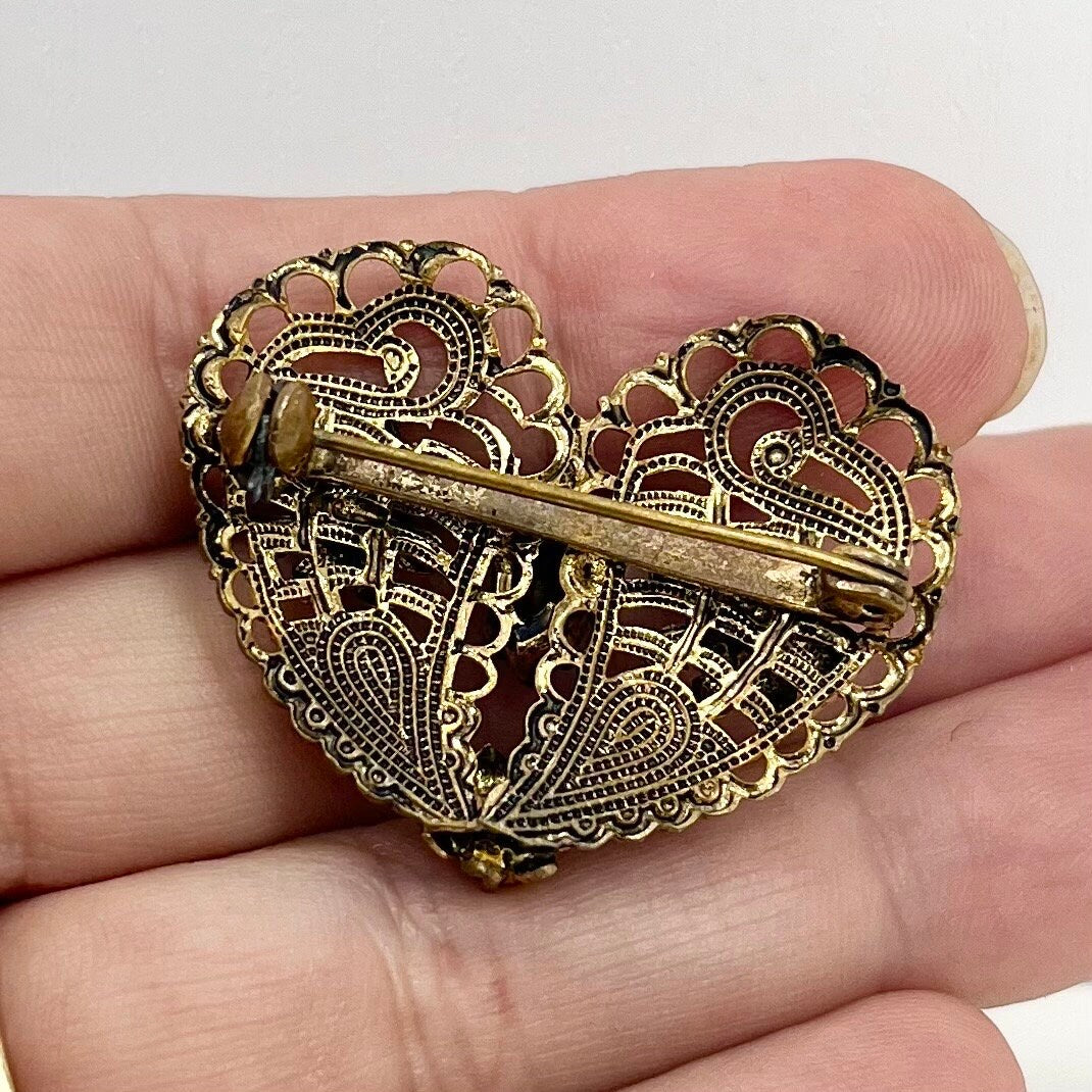 Antique Art Deco Czech Glass Crystal Brooch in a Brass Stamping Heart Filigree Setting Exceptional Quality Vintage Brooch TheGreenGlassGemShop