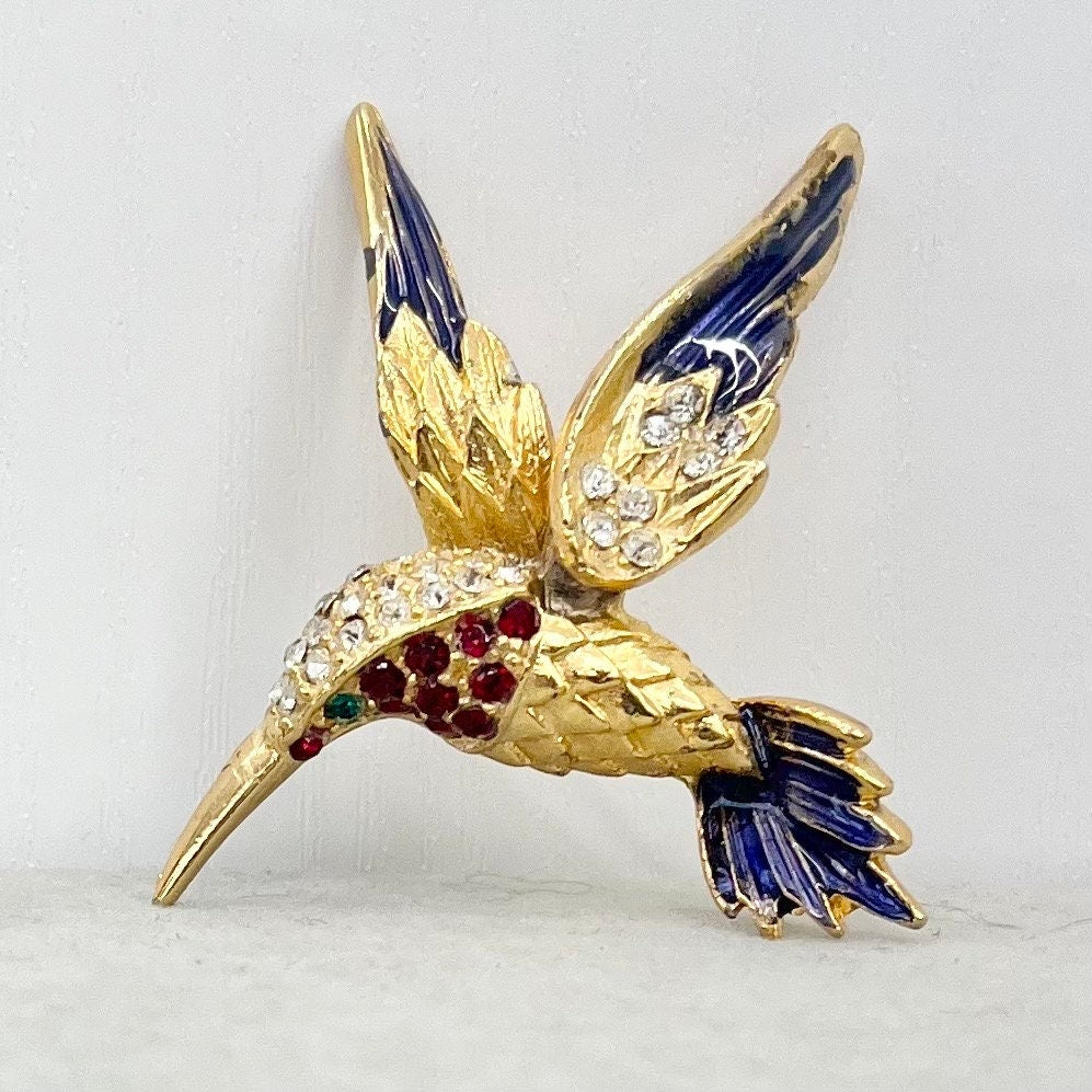 Vintage Humming Bird Enamelled Brooch Gold Tone with Crystal Accents Statement Piece TheGreenGlassGemShop