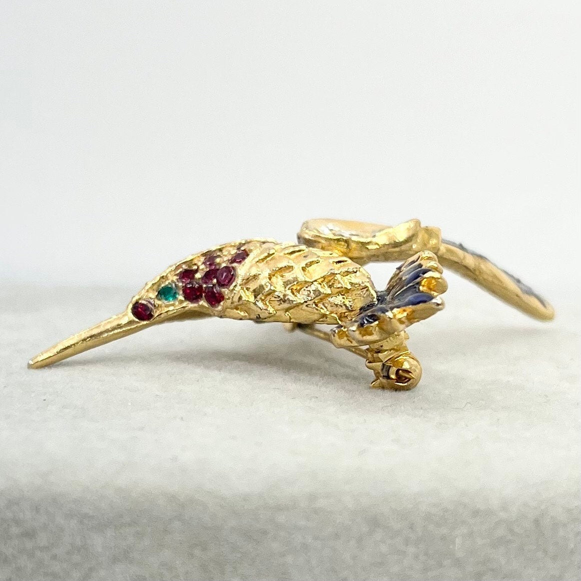 Vintage Humming Bird Enamelled Brooch Gold Tone with Crystal Accents Statement Piece TheGreenGlassGemShop