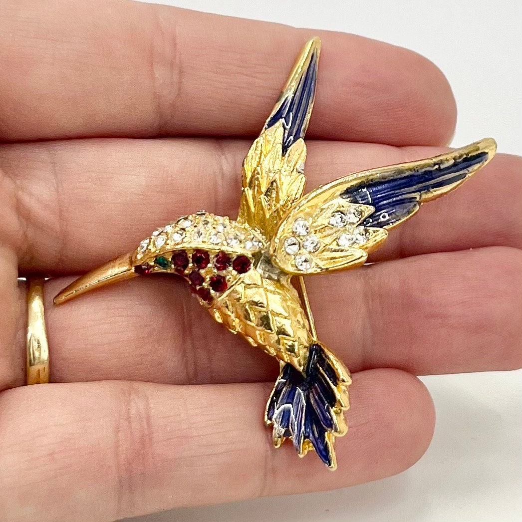 Vintage Humming Bird Enamelled Brooch Gold Tone with Crystal Accents Statement Piece TheGreenGlassGemShop