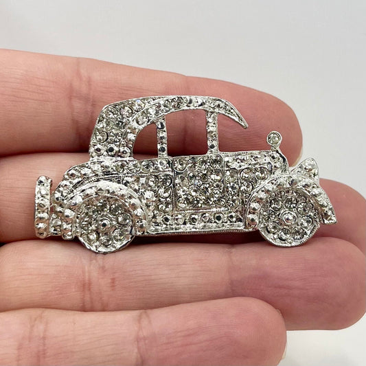 Vintage Silver Tone Classic Car Brooch with Sparkling Crystals Costume Jewellery Piece TheGreenGlassGemShop