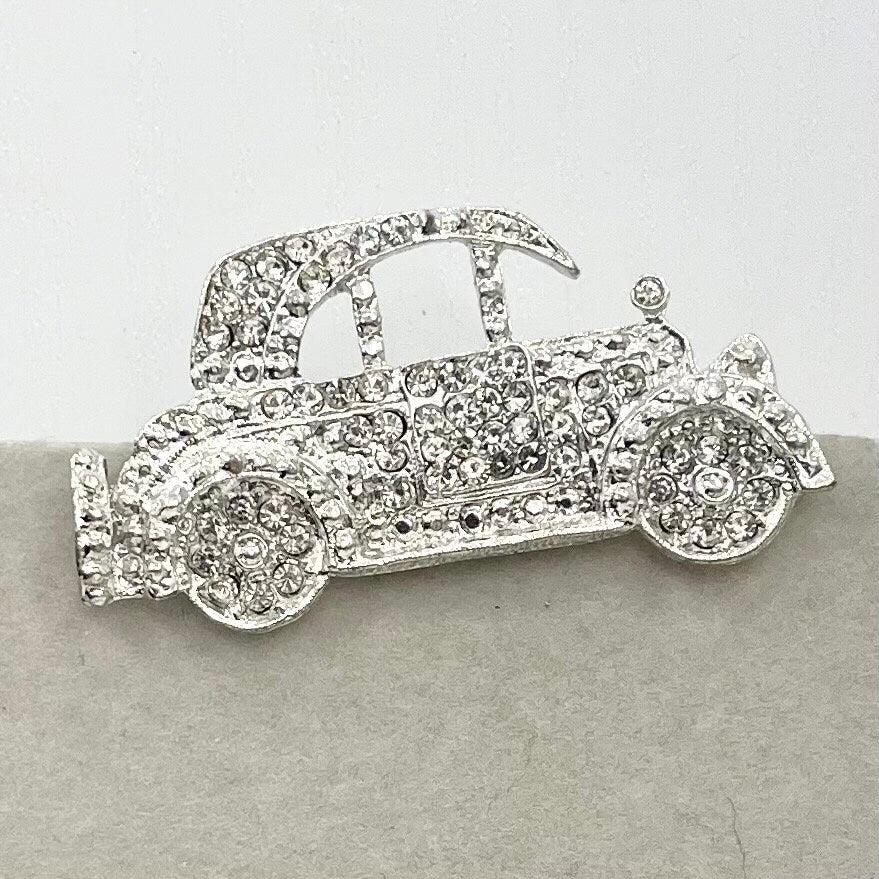 Vintage Silver Tone Classic Car Brooch with Sparkling Crystals Costume Jewellery Piece TheGreenGlassGemShop