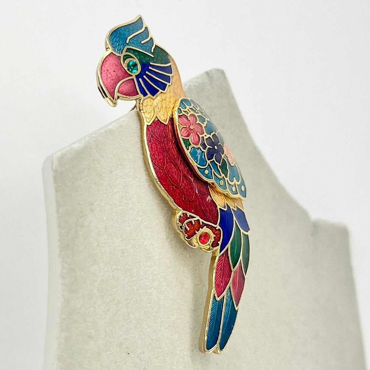 Vintage Stunning Gold Tone Cloisonne Enamel Parrot / Cockatoo Bird Brooch Excellent Quality Costume Jewellery Statement Piece TheGreenGlassGemShop