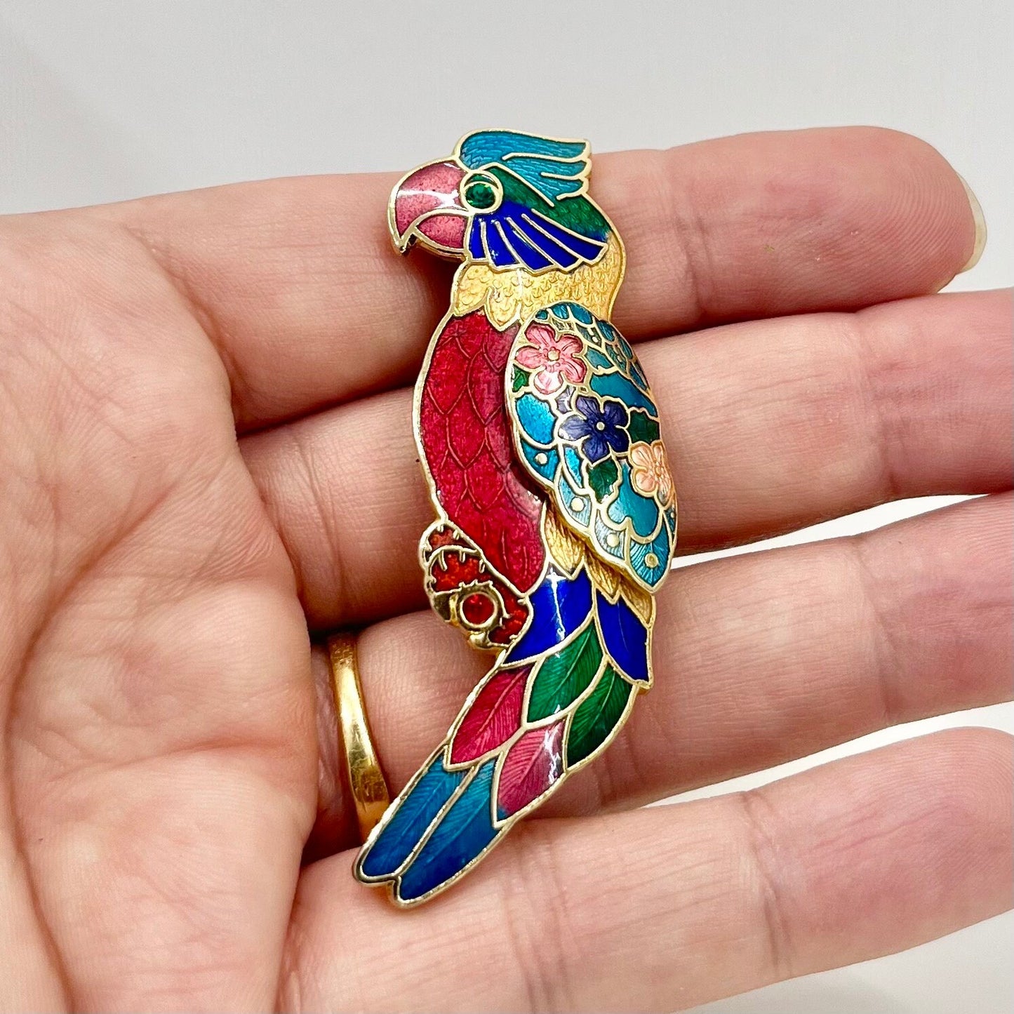 Vintage Stunning Gold Tone Cloisonne Enamel Parrot / Cockatoo Bird Brooch Excellent Quality Costume Jewellery Statement Piece TheGreenGlassGemShop