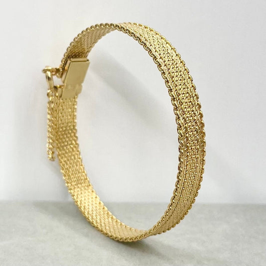 Vintage Gold Plate 1970’s 1980’s Woven Mesh Knit Bracelet Bangle with Safety Chain Costume Jewellery TheGreenGlassGemShop