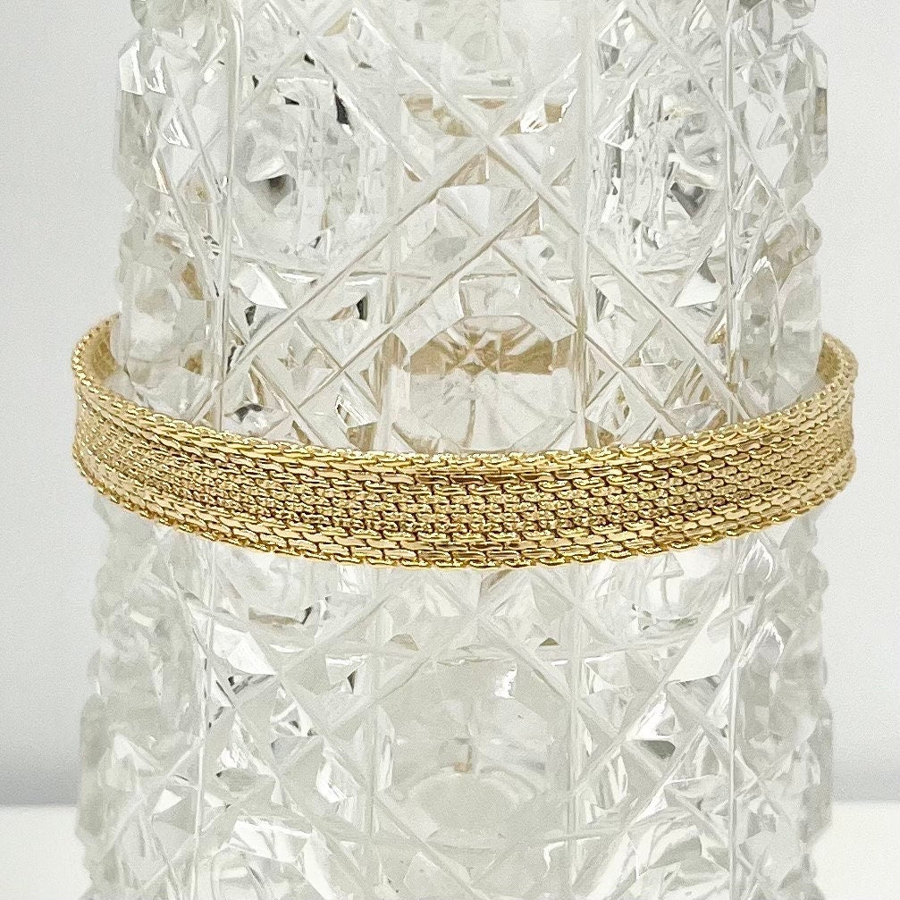 Vintage Gold Plate 1970’s 1980’s Woven Mesh Knit Bracelet Bangle with Safety Chain Costume Jewellery TheGreenGlassGemShop