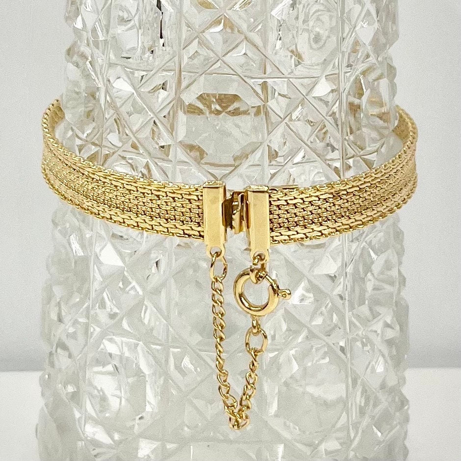 Vintage Gold Plate 1970’s 1980’s Woven Mesh Knit Bracelet Bangle with Safety Chain Costume Jewellery TheGreenGlassGemShop