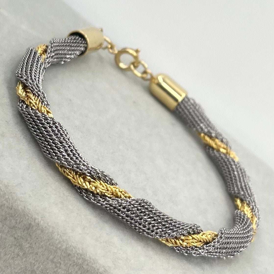 Vintage Silver & Gold Plate 1970’s 1980’s Woven Mesh Two Tone Rope Twist Bracelet Costume Jewellery TheGreenGlassGemShop