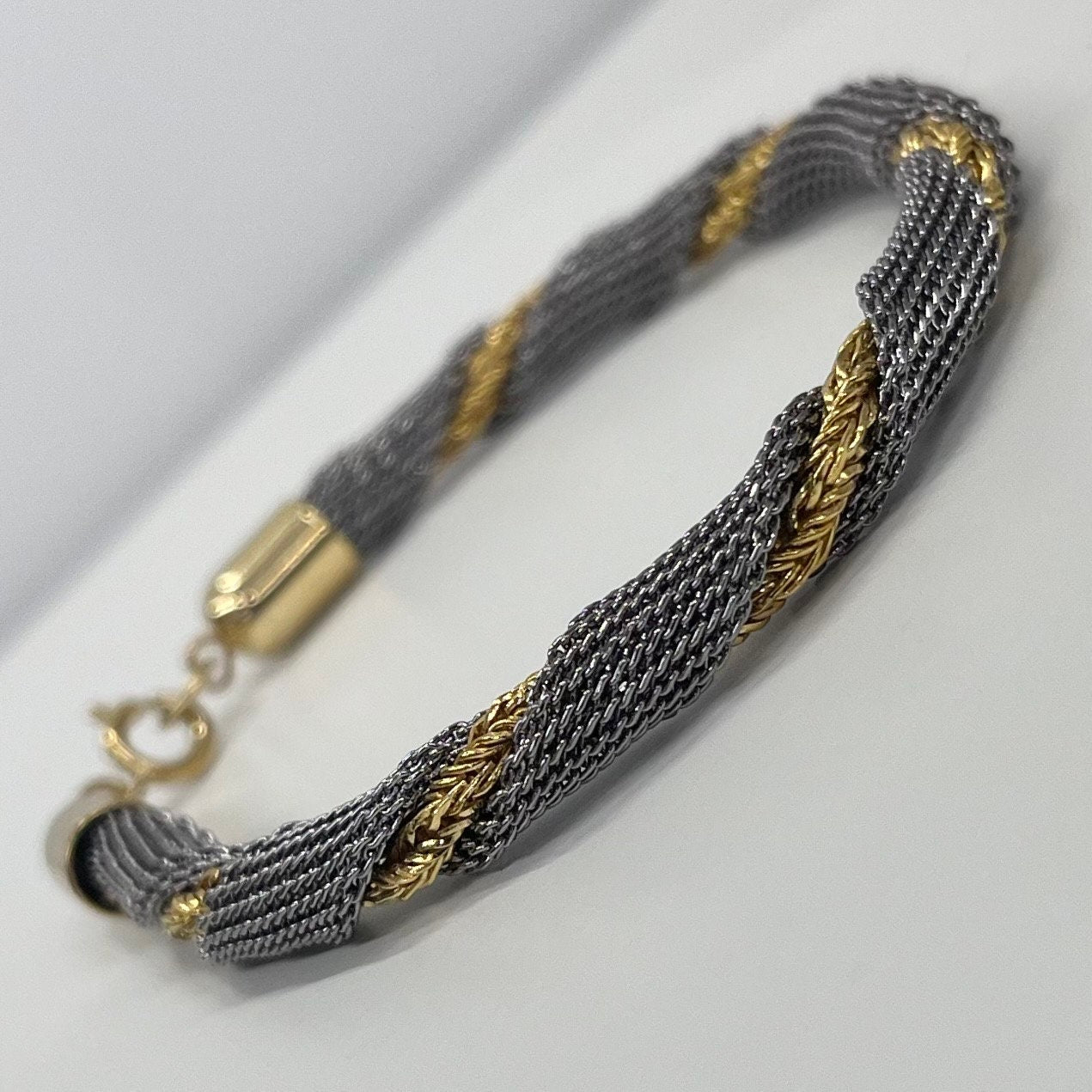 Vintage Silver & Gold Plate 1970’s 1980’s Woven Mesh Two Tone Rope Twist Bracelet Costume Jewellery TheGreenGlassGemShop