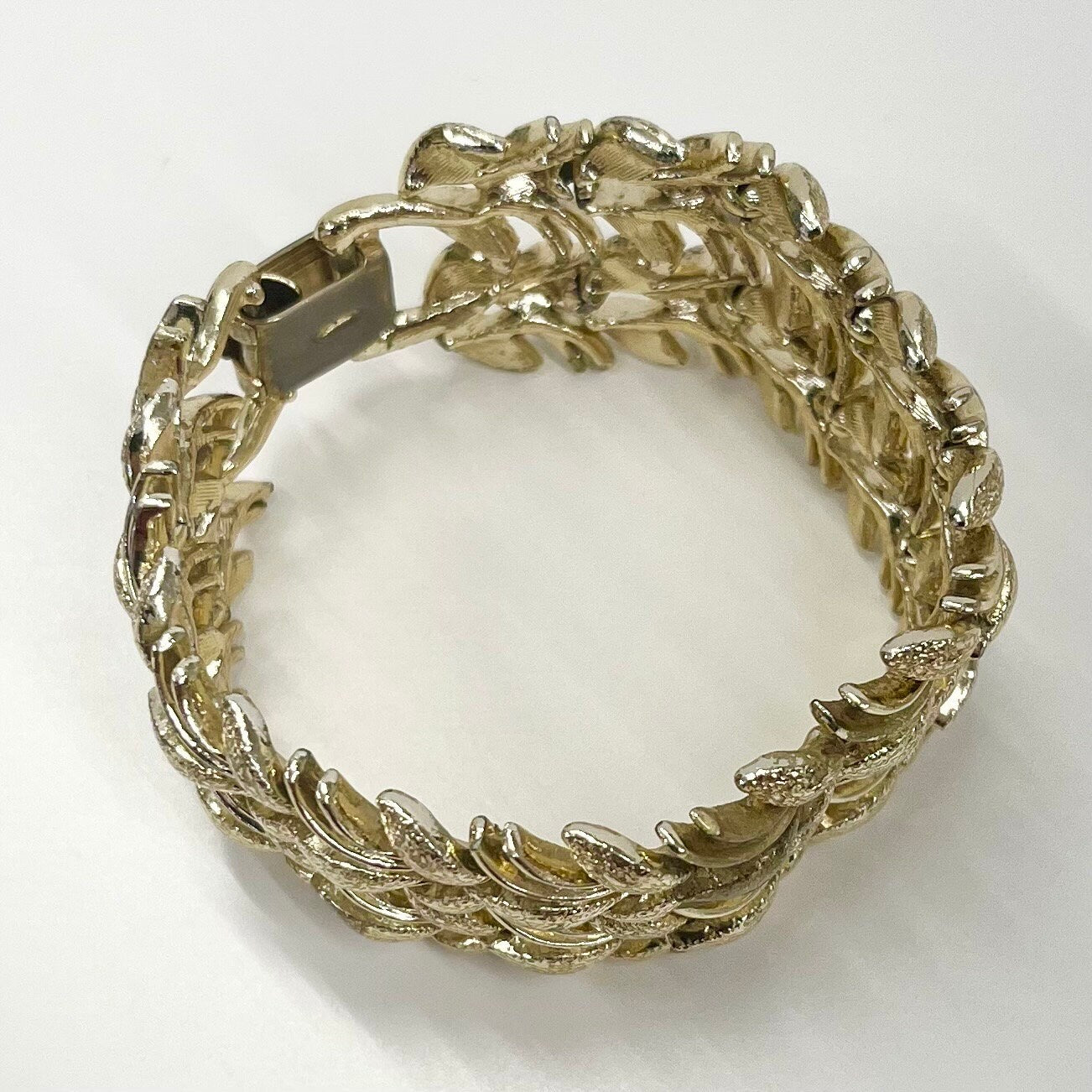 Vintage Gold Plate 1970’s Wide Leaf Link Cuff Bracelet Power Dressing Costume Jewellery TheGreenGlassGemShop