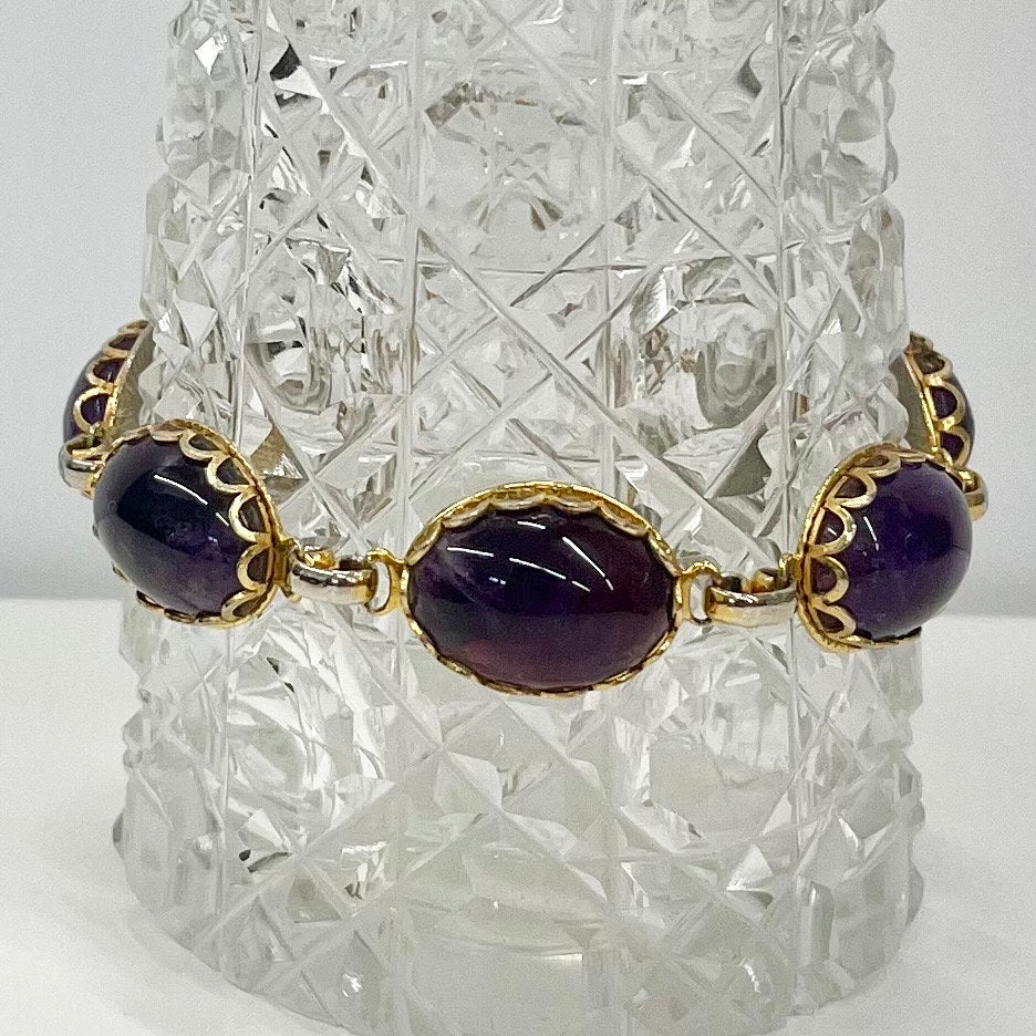 Vintage Gold Tone 1970’s Purple Amethyst Cabochon Stone Bracelet with a Safety Chain Semi Precious Costume Jewellery 7” TheGreenGlassGemShop