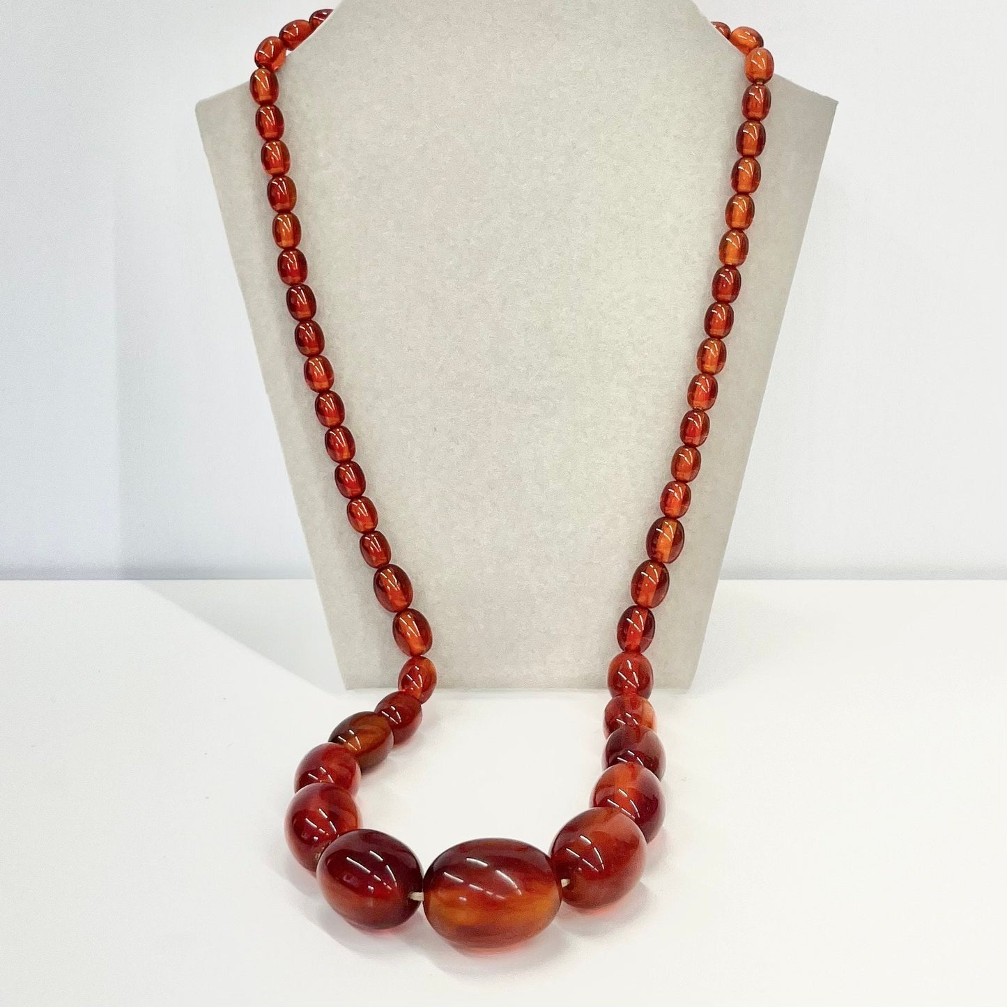 Vintage Art Deco Orange / Cherry Amber Bakelite Beaded Necklace Chunky Graduating Beads Long 27.5” Length 65 Grams TheGreenGlassGemShop