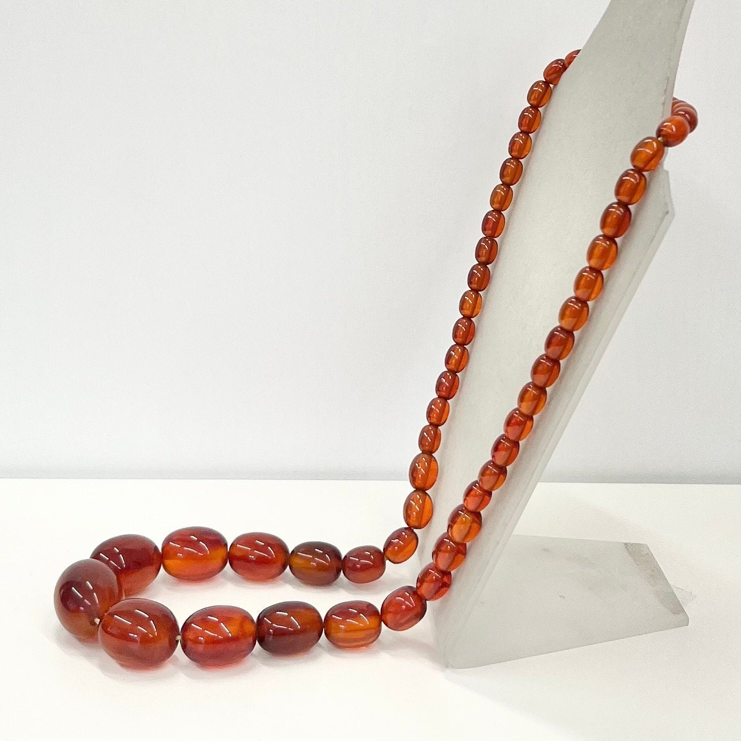 Vintage Art Deco Orange / Cherry Amber Bakelite Beaded Necklace Chunky Graduating Beads Long 27.5” Length 65 Grams TheGreenGlassGemShop