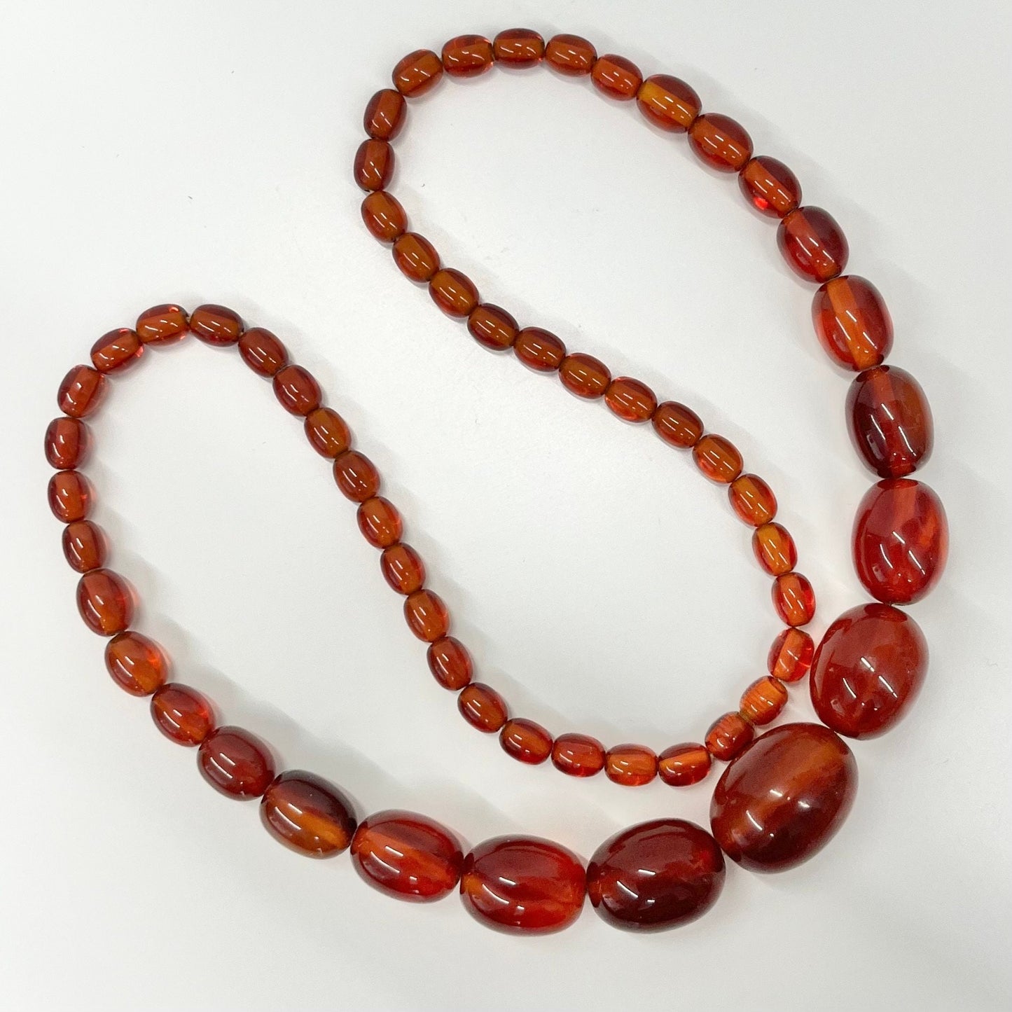 Vintage Art Deco Orange / Cherry Amber Bakelite Beaded Necklace Chunky Graduating Beads Long 27.5” Length 65 Grams TheGreenGlassGemShop