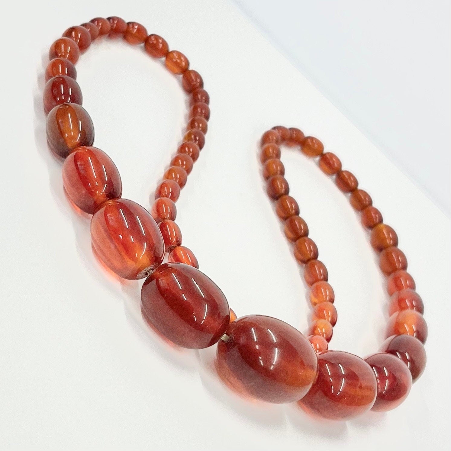 Vintage Art Deco Orange / Cherry Amber Bakelite Beaded Necklace Chunky Graduating Beads Long 27.5” Length 65 Grams TheGreenGlassGemShop