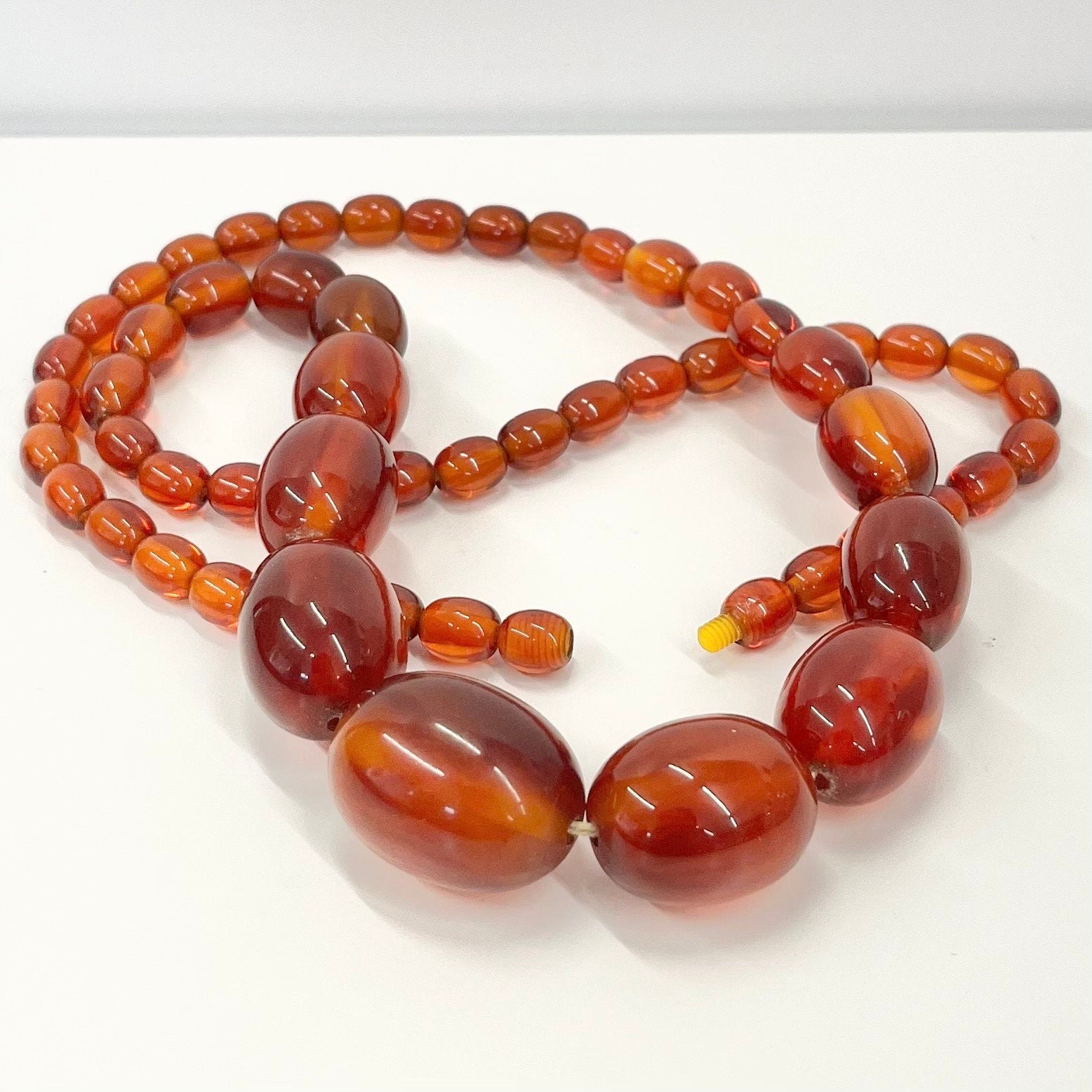 Vintage Art Deco Orange / Cherry Amber Bakelite Beaded Necklace Chunky Graduating Beads Long 27.5” Length 65 Grams TheGreenGlassGemShop