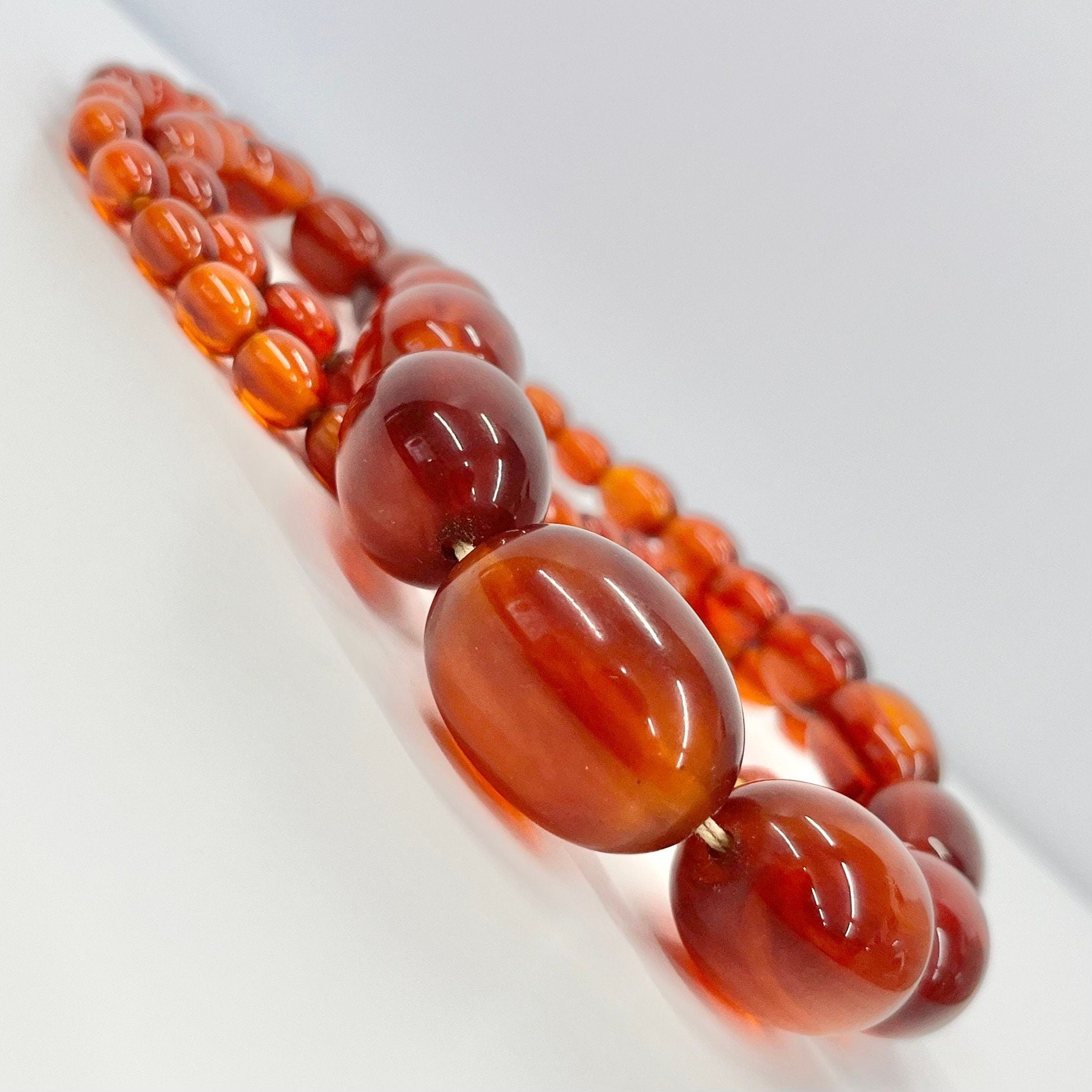 Vintage Art Deco Orange / Cherry Amber Bakelite Beaded Necklace Chunky Graduating Beads Long 27.5” Length 65 Grams TheGreenGlassGemShop