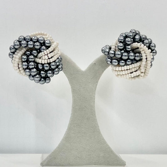 Vintage Grey & White Faux Pearl Large Knot Stud Post Earrings 1970’s - 1980’s Retro Power Dressing TheGreenGlassGemShop