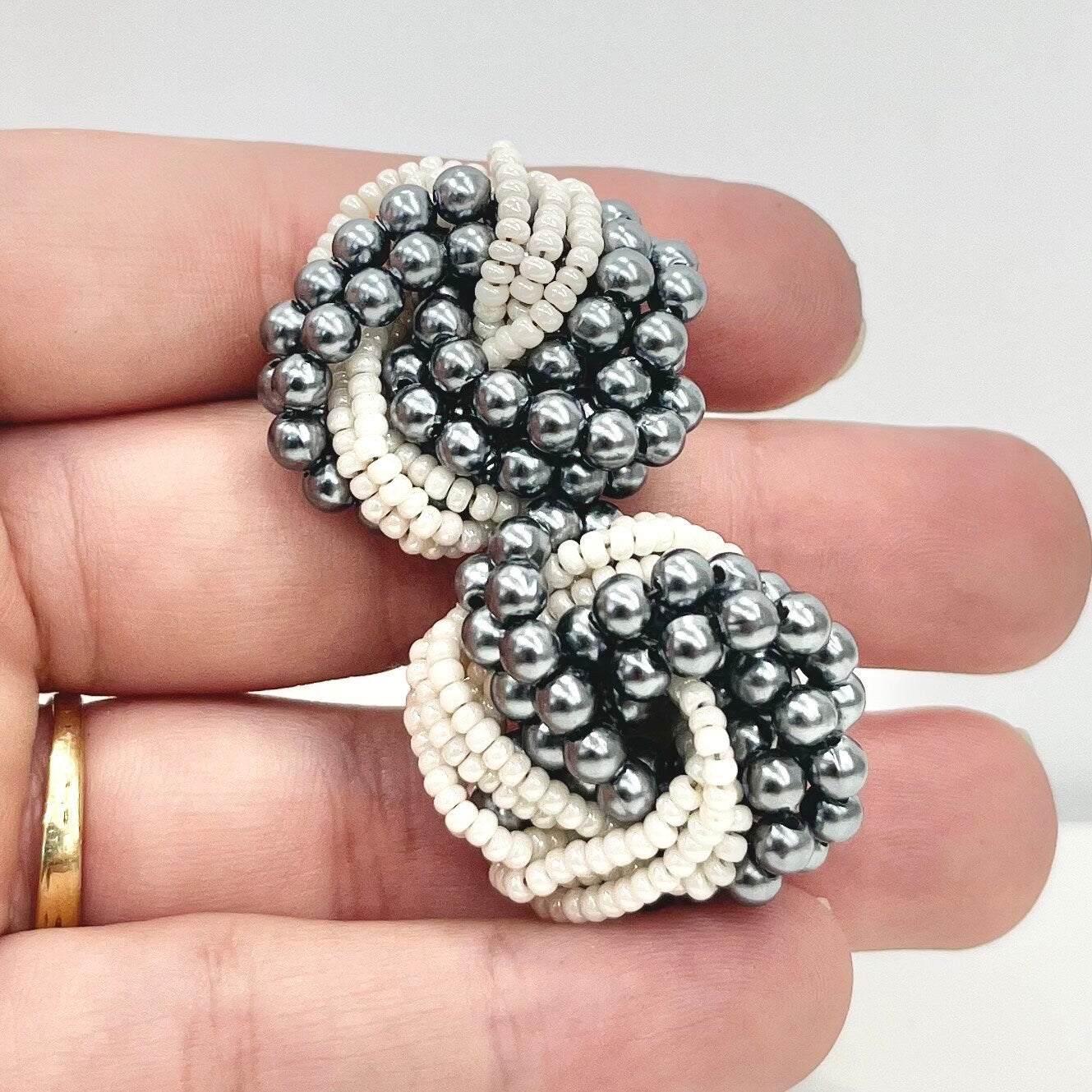 Vintage Grey & White Faux Pearl Large Knot Stud Post Earrings 1970’s - 1980’s Retro Power Dressing TheGreenGlassGemShop