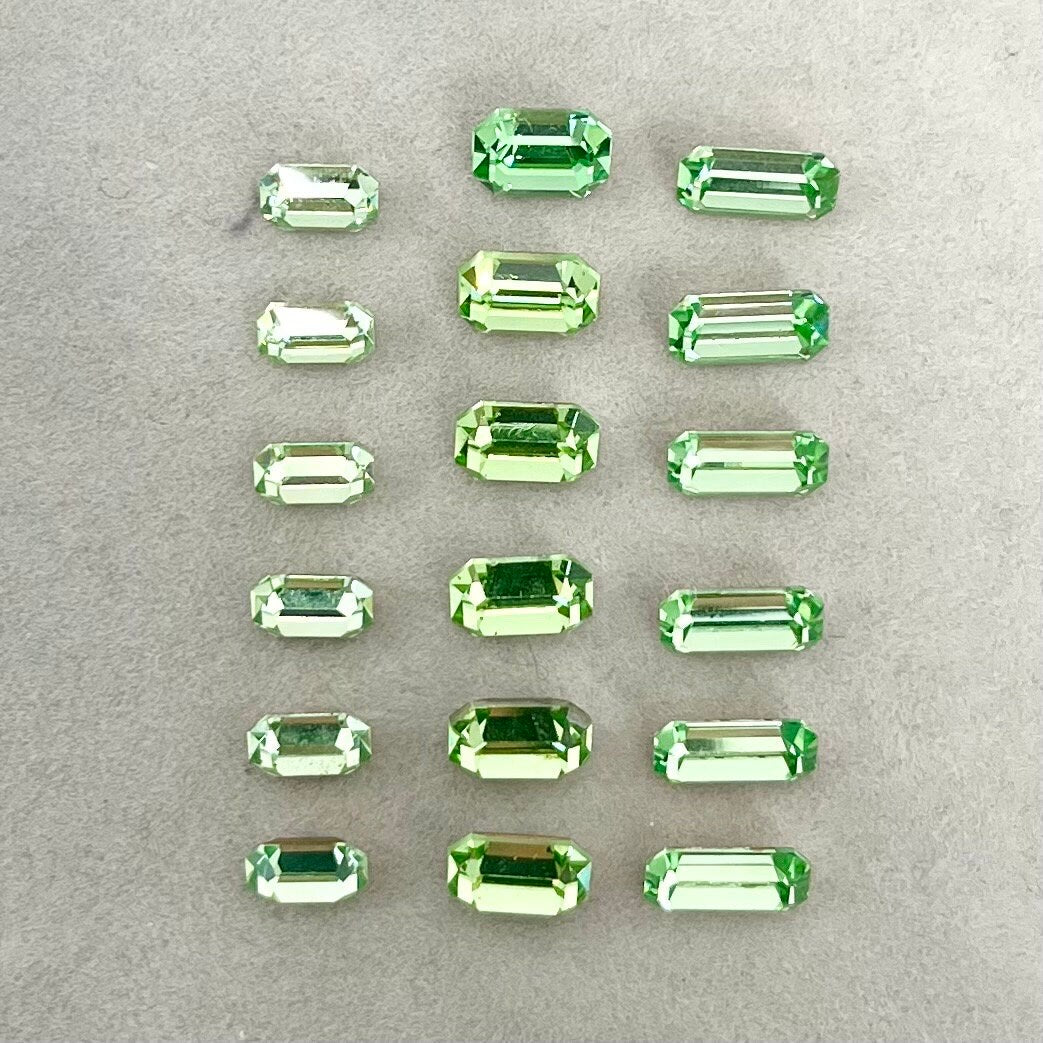 Pack of 18 Rare Uranium Vaseline Glass Swarovski Crystals Faceted Emerald Cut in 3 Sizes 6x4mm 4x8mm 7x5mm Rare Cuts TheGreenGlassGemShop