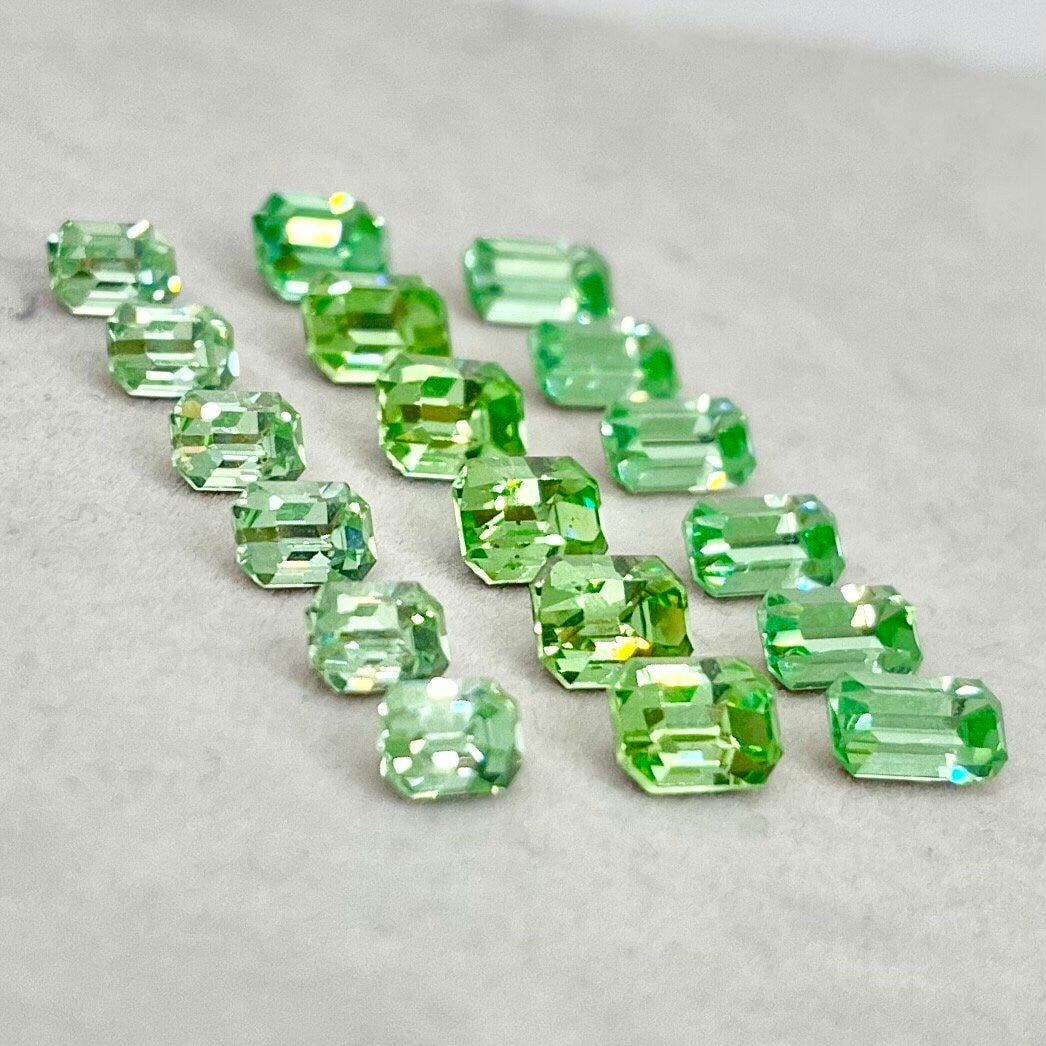 Pack of 18 Rare Uranium Vaseline Glass Swarovski Crystals Faceted Emerald Cut in 3 Sizes 6x4mm 4x8mm 7x5mm Rare Cuts TheGreenGlassGemShop