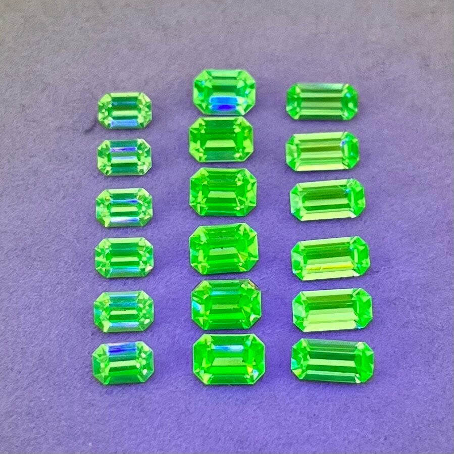 Pack of 18 Rare Uranium Vaseline Glass Swarovski Crystals Faceted Emerald Cut in 3 Sizes 6x4mm 4x8mm 7x5mm Rare Cuts TheGreenGlassGemShop