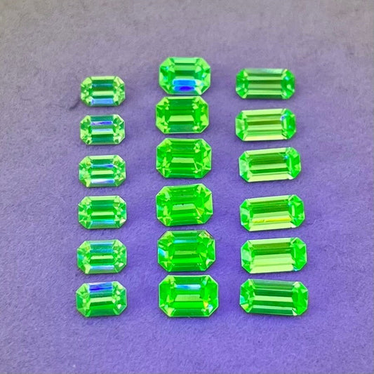 Pack of 18 Rare Uranium Vaseline Glass Swarovski Crystals Faceted Emerald Cut in 3 Sizes 6x4mm 4x8mm 7x5mm Rare Cuts TheGreenGlassGemShop