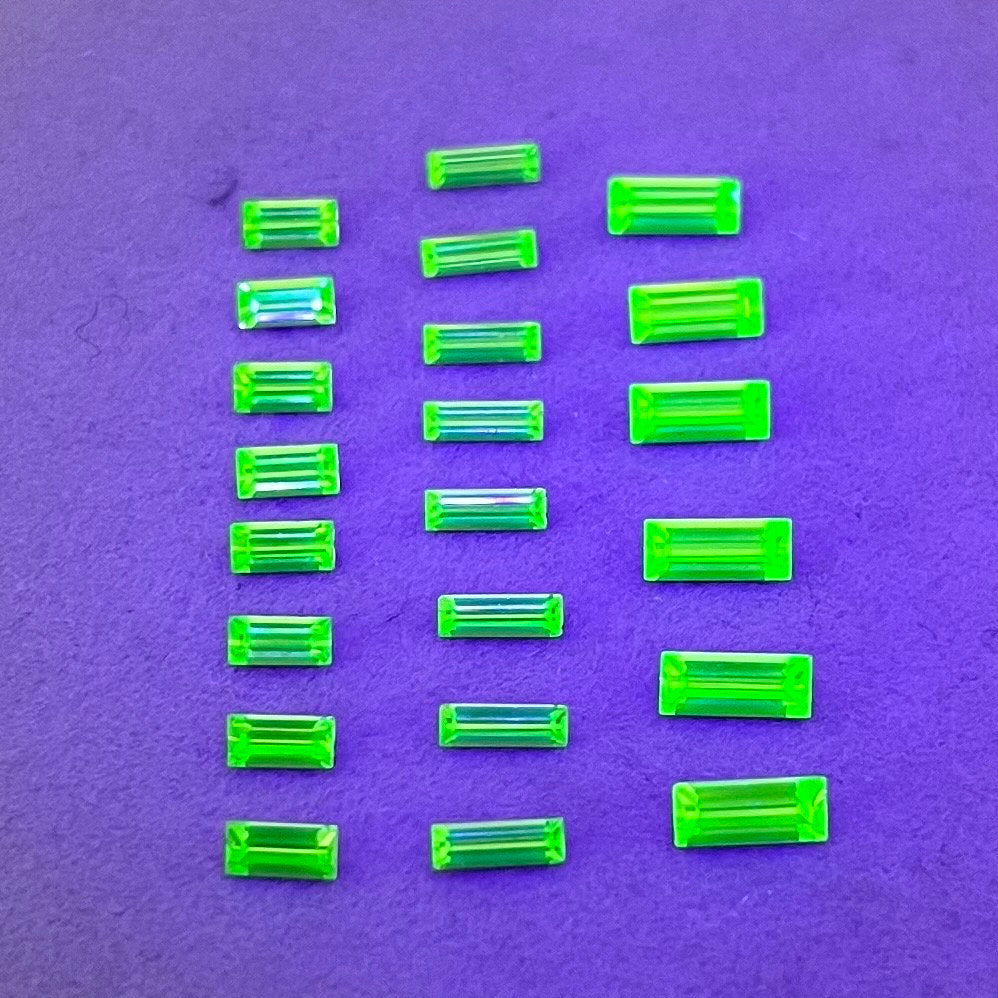 Pack of 22 Rare Uranium Vaseline Glass Swarovski Crystals Faceted Baguette Cut in 3 Sizes 2.5x5mm 3x7mm 2x6mm Rare Cuts TheGreenGlassGemShop