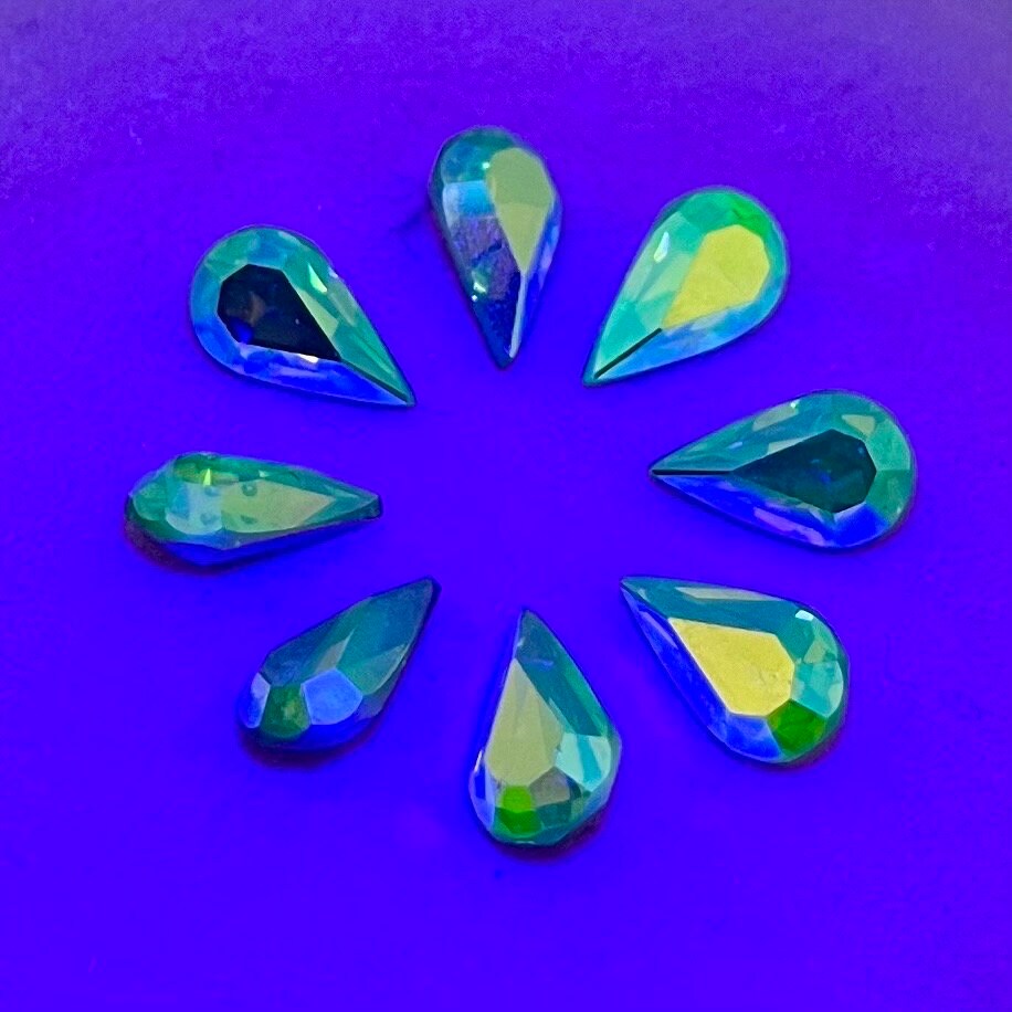 Pack of 8 Rare Uranium Vaseline Glass Swarovski Crystals Faceted AB Pear Cut 6x10mm Rare Cut TheGreenGlassGemShop