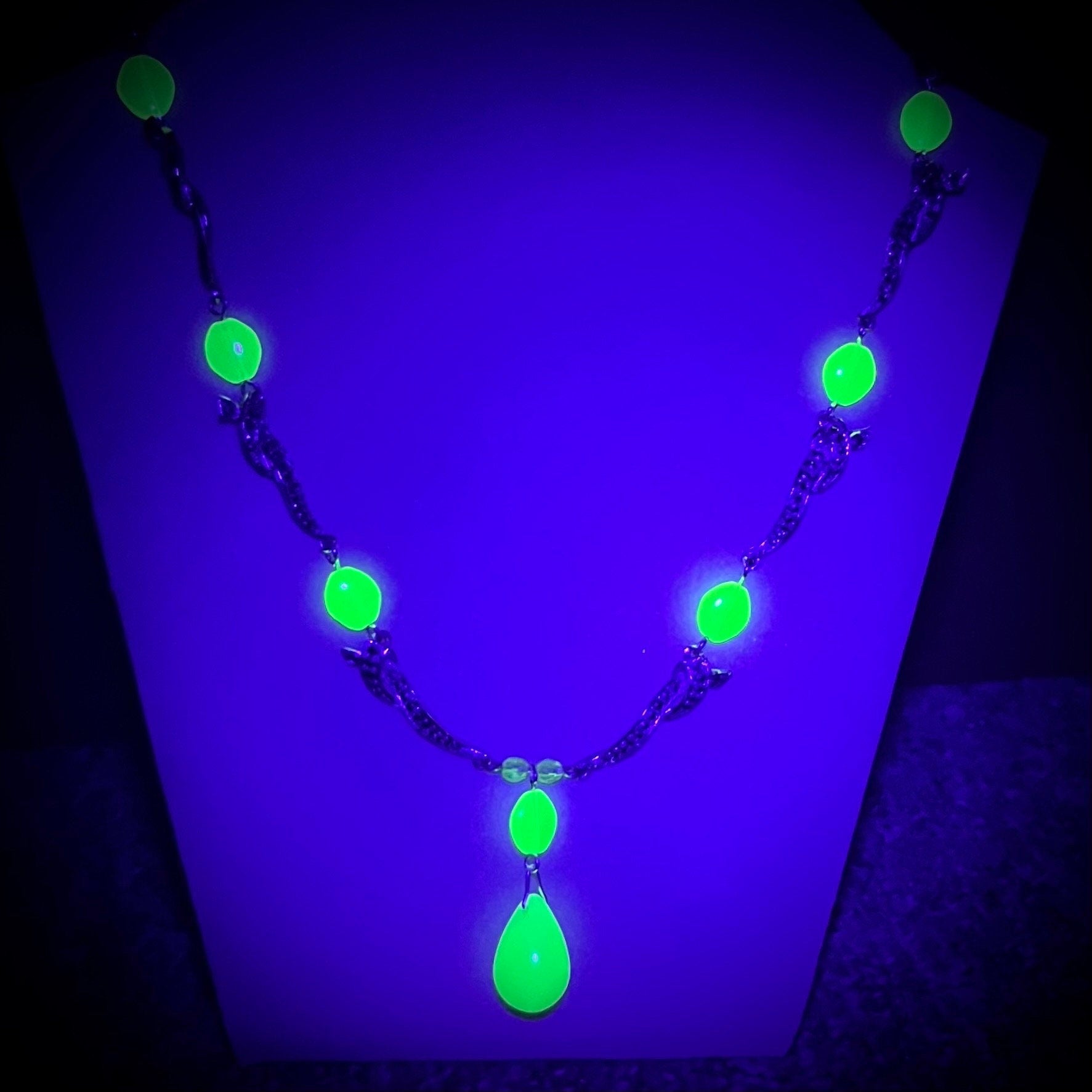 Handmade Yellow Vaseline Uranium Glass Drop Marcasite Necklace Bright Green Under UV Light UV Reactive Glow Jewellery Bridgerton Style TheGreenGlassGemShop