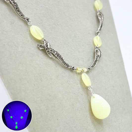 Handmade Yellow Vaseline Uranium Glass Drop Marcasite Necklace Bright Green Under UV Light UV Reactive Glow Jewellery Bridgerton Style TheGreenGlassGemShop