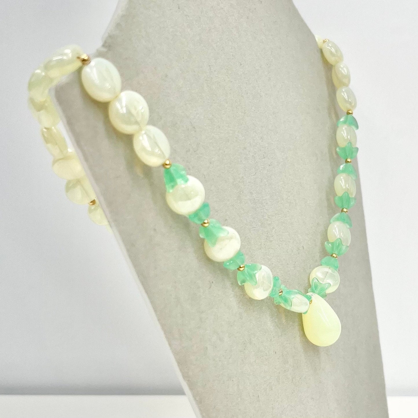 Handmade Yellow Vaseline Uranium Glass Vintage Bead Drop Necklace Bright Green Under UV Light UV Reactive Glow Jewellery Bridgerton Style TheGreenGlassGemShop