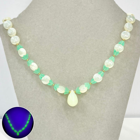 Handmade Yellow Vaseline Uranium Glass Vintage Bead Drop Necklace Bright Green Under UV Light UV Reactive Glow Jewellery Bridgerton Style TheGreenGlassGemShop