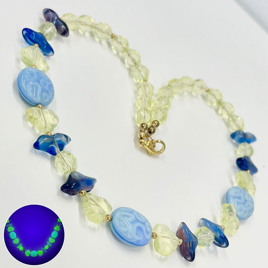 Handmade Yellow & Blue Uranium Czech Glass Vintage Bead Necklace Fabulous Green Glow Under UV Light UV Reactive Glow Jewellery TheGreenGlassGemShop