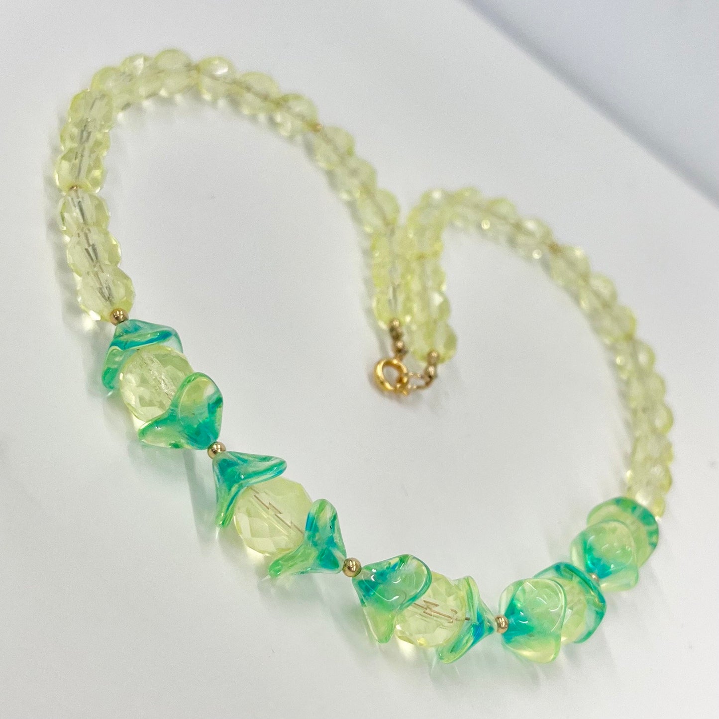 Handmade Yellow Uranium & Green Czech Glass Vintage Bead Necklace Fabulous Green Glow Under UV Light UV Reactive Glow Jewellery TheGreenGlassGemShop