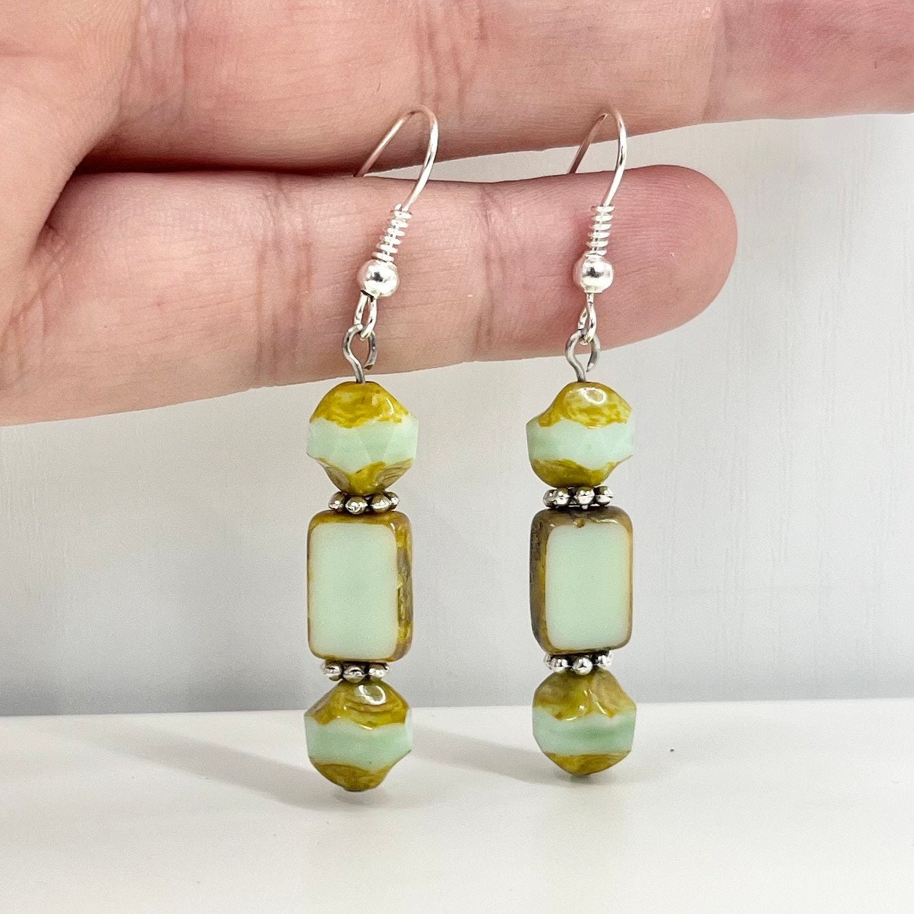 Vintage Green Uranium Czech Bead Drop Earrings with a Picssso Finished Silver Plate UV Reactive Glow TheGreenGlassGemShop