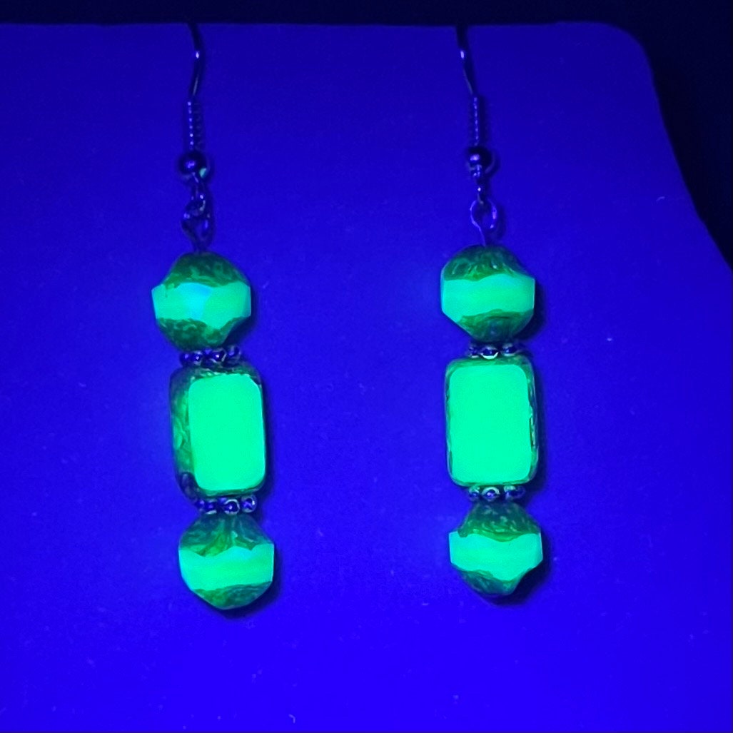 Vintage Green Uranium Czech Bead Drop Earrings with a Picssso Finished Silver Plate UV Reactive Glow TheGreenGlassGemShop