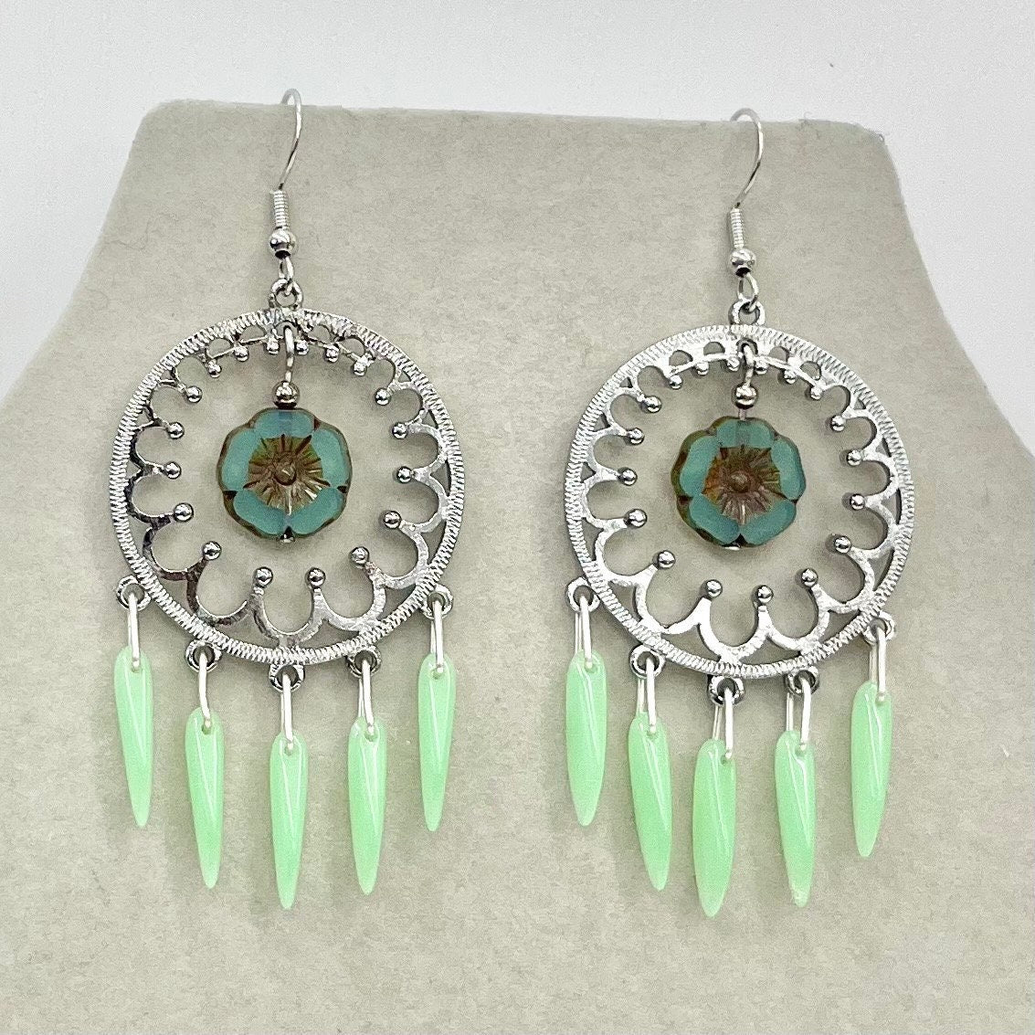 Handmade Green Uranium Glass Dagger Bead Drop Flower Earrings Circular Chandelier Style UV Reactive Glow Czech Vaseline Glass TheGreenGlassGemShop