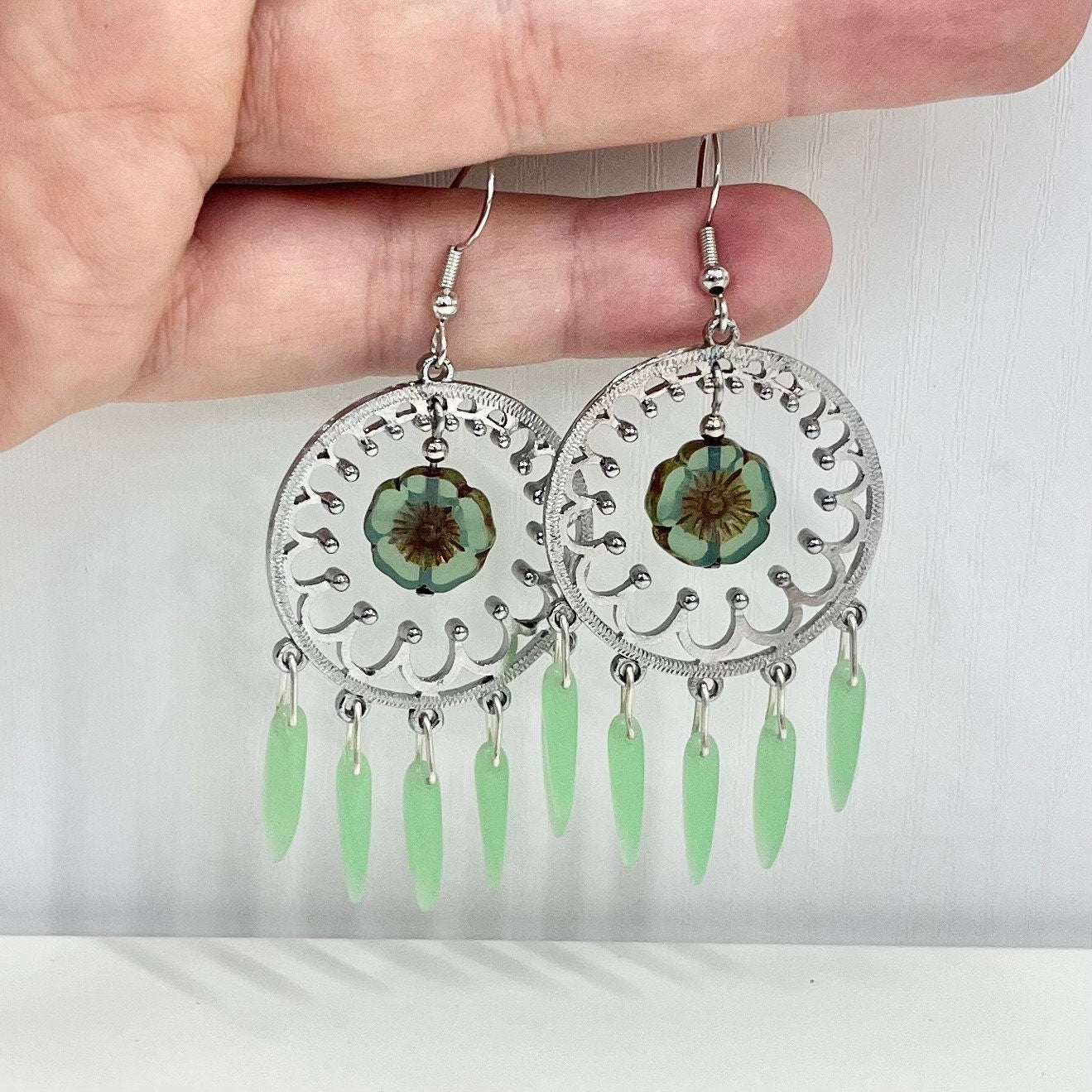 Handmade Green Uranium Glass Dagger Bead Drop Flower Earrings Circular Chandelier Style UV Reactive Glow Czech Vaseline Glass TheGreenGlassGemShop